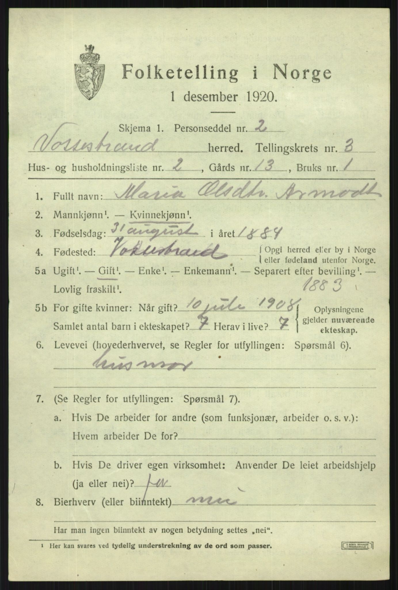 SAB, 1920 census for Vossestrand, 1920, p. 1444