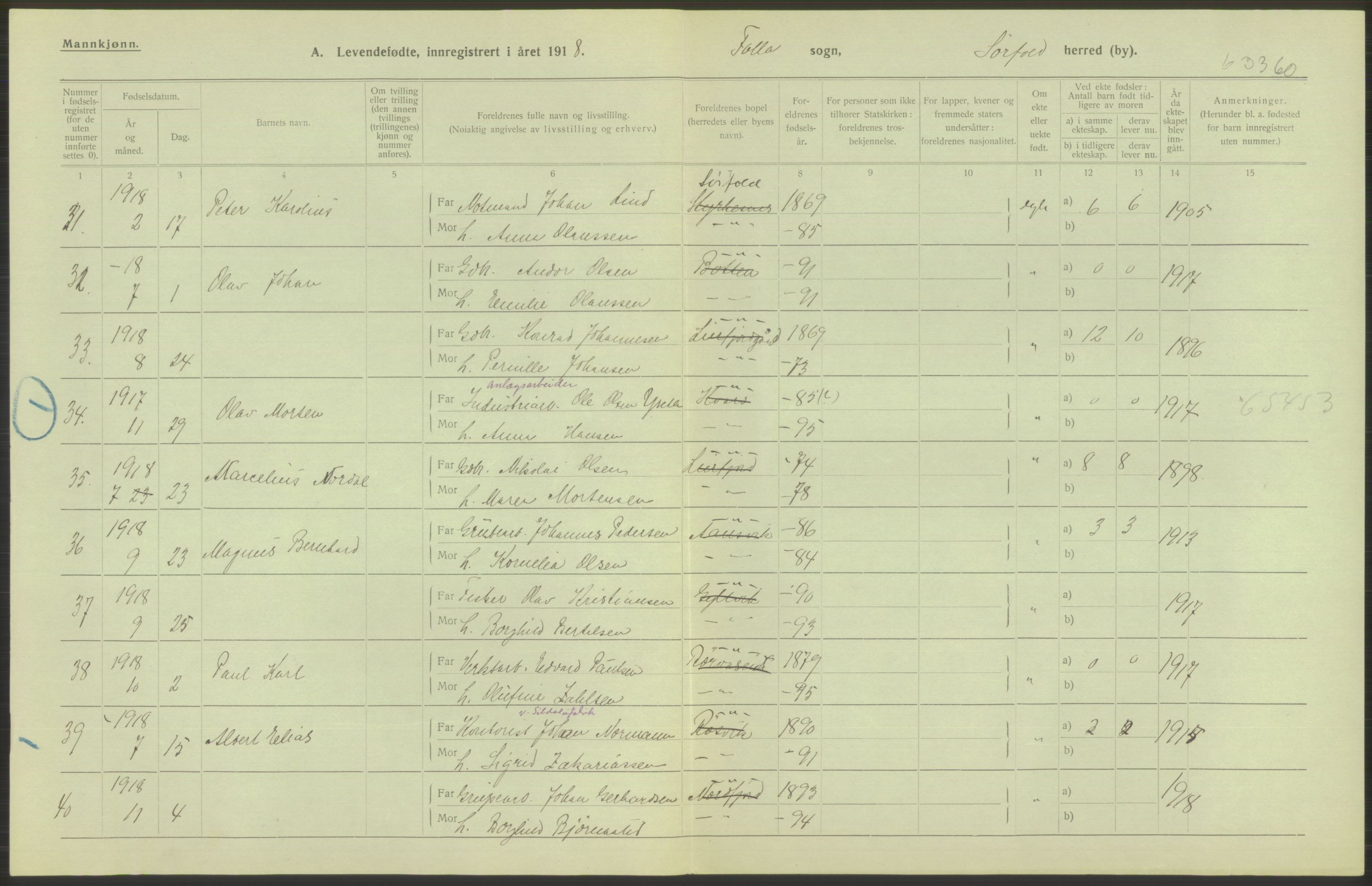 Statistisk sentralbyrå, Sosiodemografiske emner, Befolkning, AV/RA-S-2228/D/Df/Dfb/Dfbh/L0052: Nordland fylke: Levendefødte menn og kvinner. Bygder., 1918, p. 464