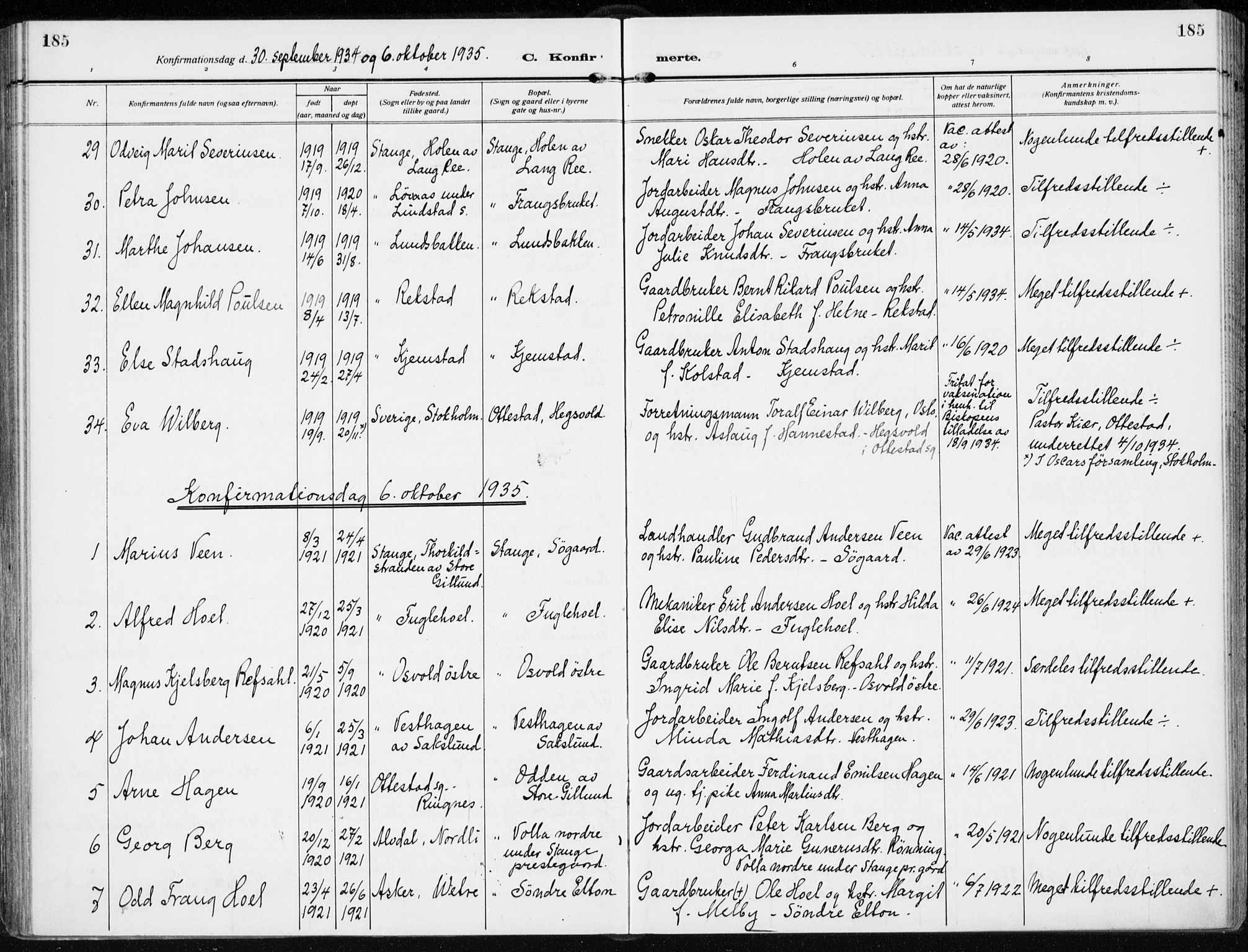 Stange prestekontor, SAH/PREST-002/K/L0026: Parish register (official) no. 26, 1923-1937, p. 185
