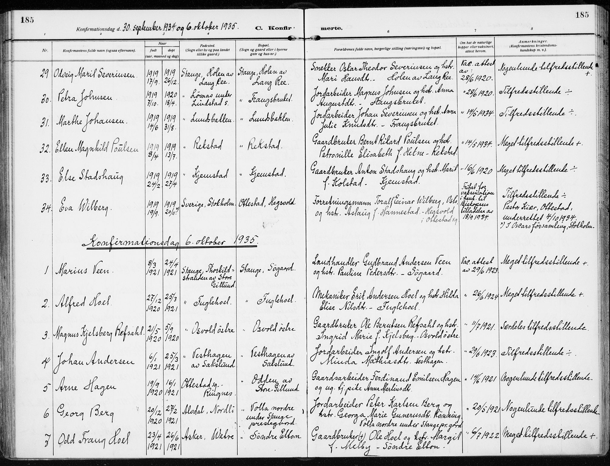 Stange prestekontor, AV/SAH-PREST-002/K/L0026: Parish register (official) no. 26, 1923-1937, p. 185