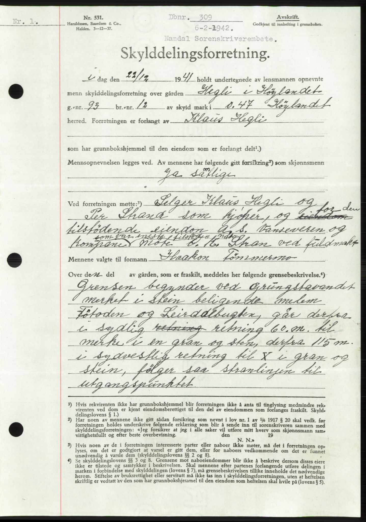 Namdal sorenskriveri, SAT/A-4133/1/2/2C: Mortgage book no. -, 1941-1942, Diary no: : 309/1942