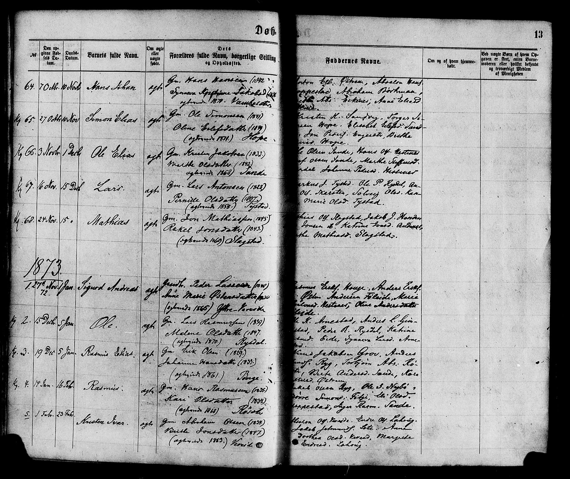 Gloppen sokneprestembete, AV/SAB-A-80101/H/Haa/Haaa/L0010: Parish register (official) no. A 10, 1871-1884, p. 13