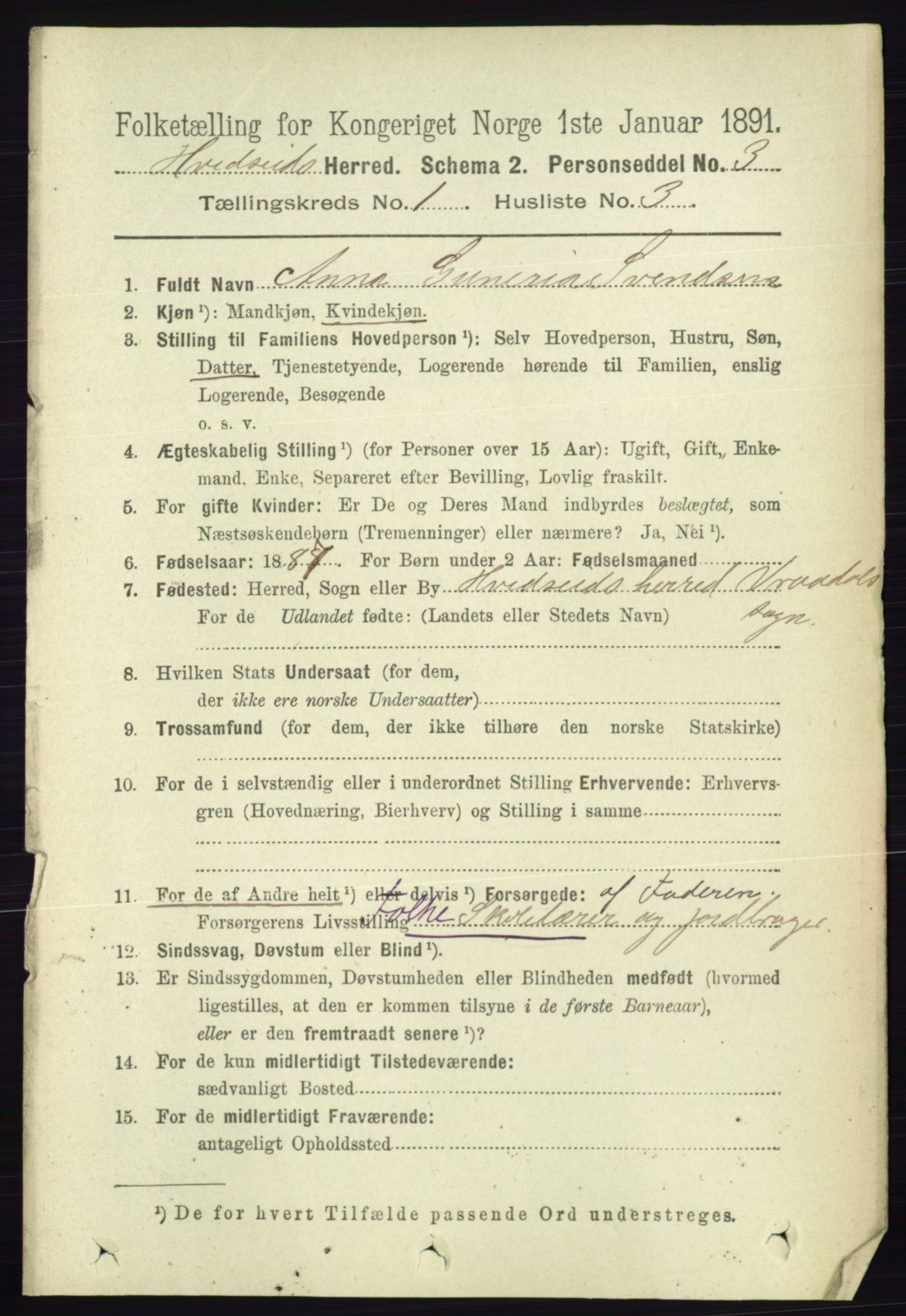 RA, 1891 census for 0829 Kviteseid, 1891, p. 93