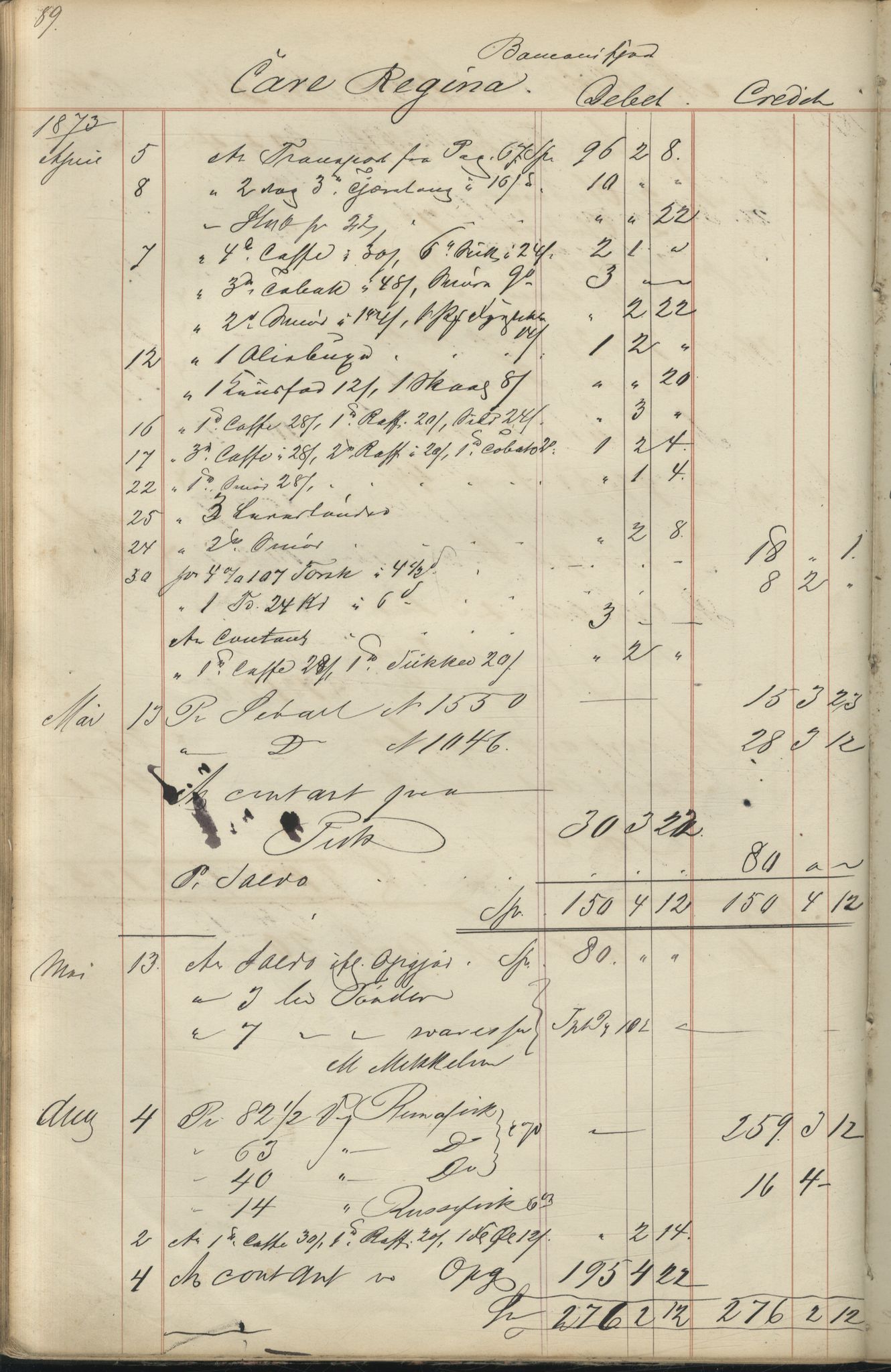 Brodtkorb handel A/S, VAMU/A-0001/F/Fc/L0001/0001: Konto for kvener og nordmenn på Kolahalvøya  / Conto for Kvæner og Nordmænd paa Russefinmarken No 1, 1868-1894, p. 89