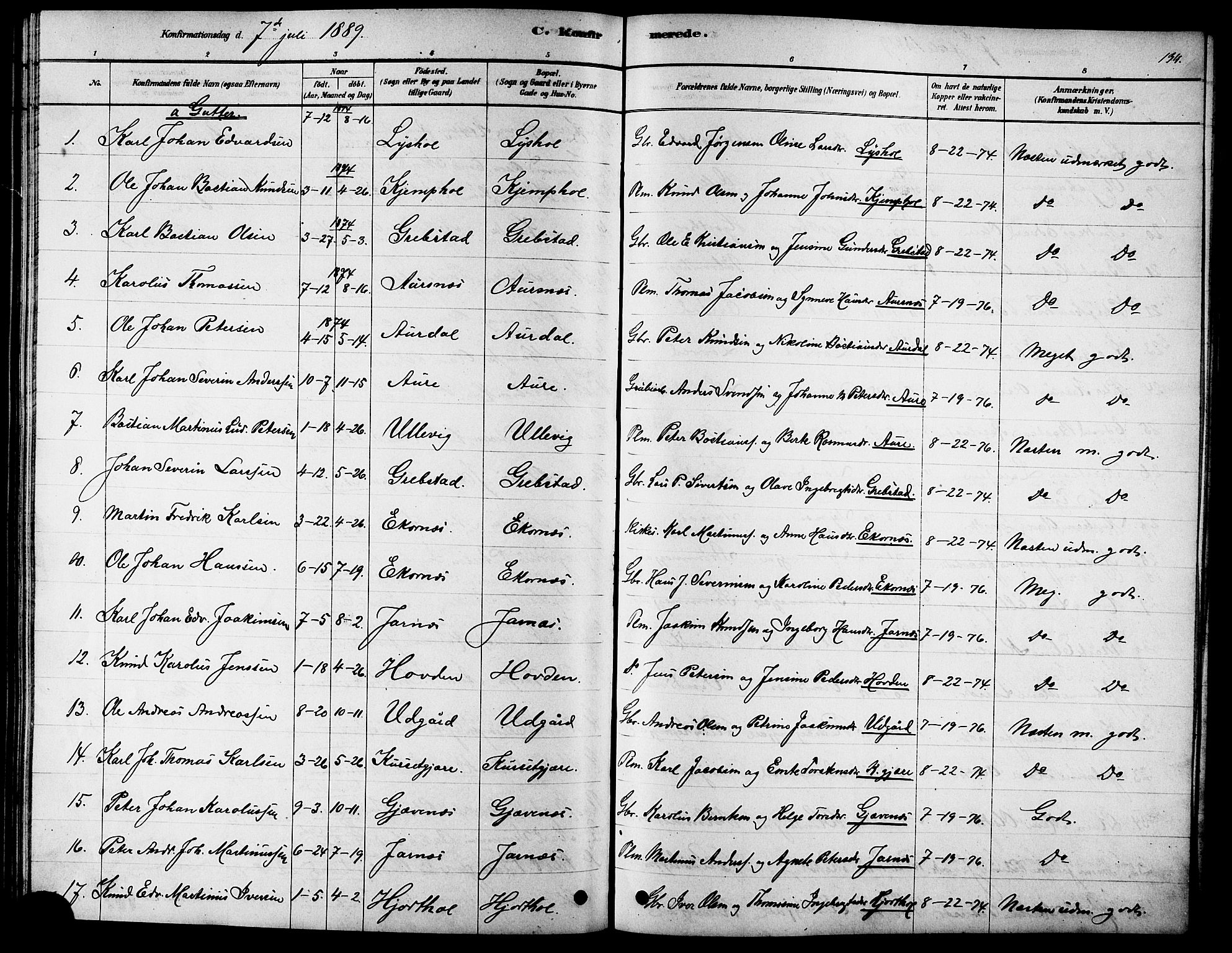 Ministerialprotokoller, klokkerbøker og fødselsregistre - Møre og Romsdal, AV/SAT-A-1454/523/L0339: Parish register (copy) no. 523C02, 1878-1891, p. 134