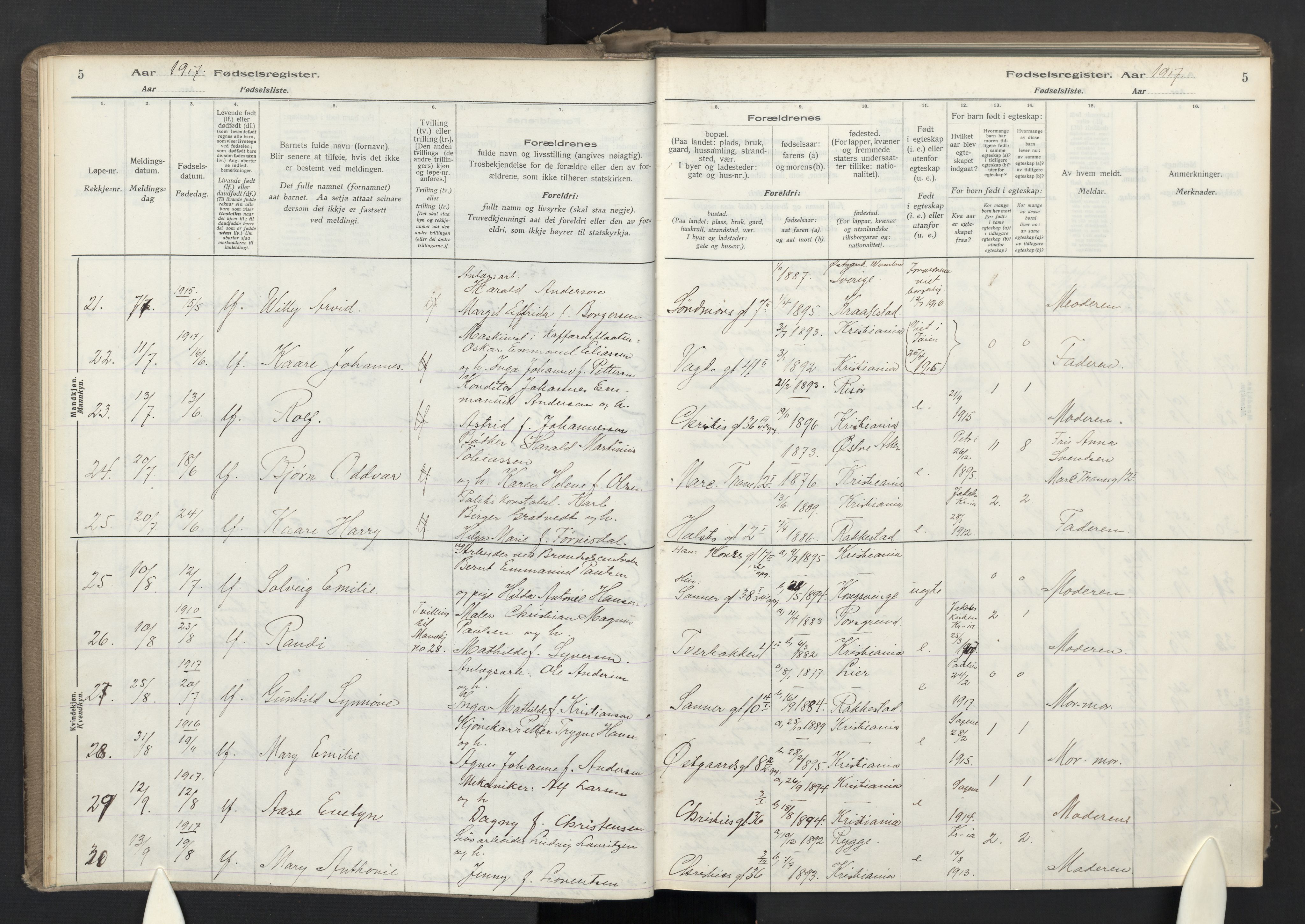 Lilleborg prestekontor Kirkebøker, AV/SAO-A-10343a/J/L0001: Birth register no. 1, 1917-1944, p. 5