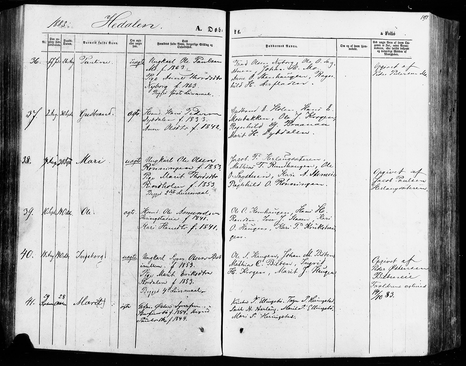 Vågå prestekontor, SAH/PREST-076/H/Ha/Haa/L0007: Parish register (official) no. 7 /2, 1873-1886, p. 197