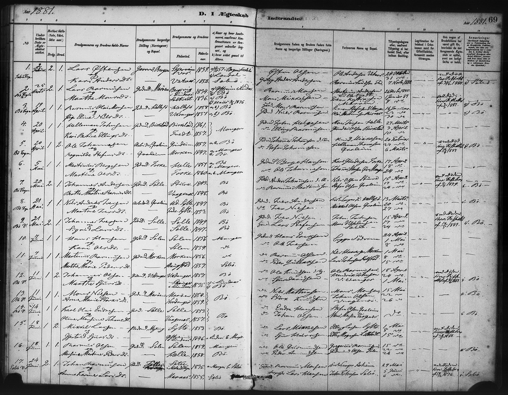 Manger sokneprestembete, SAB/A-76801/H/Haa: Parish register (official) no. B 1, 1881-1892, p. 69