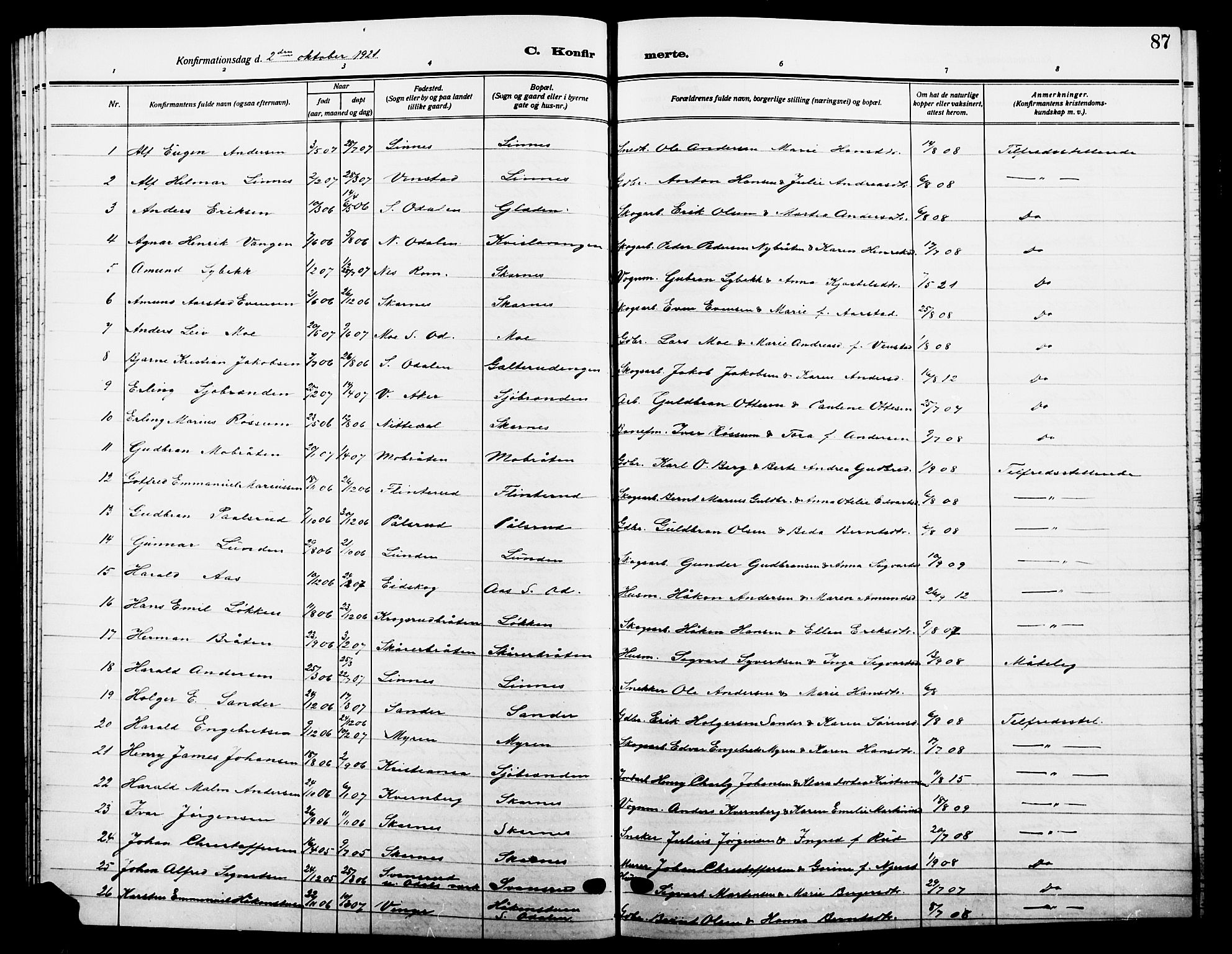 Sør-Odal prestekontor, AV/SAH-PREST-030/H/Ha/Hab/L0008: Parish register (copy) no. 8, 1913-1923, p. 87