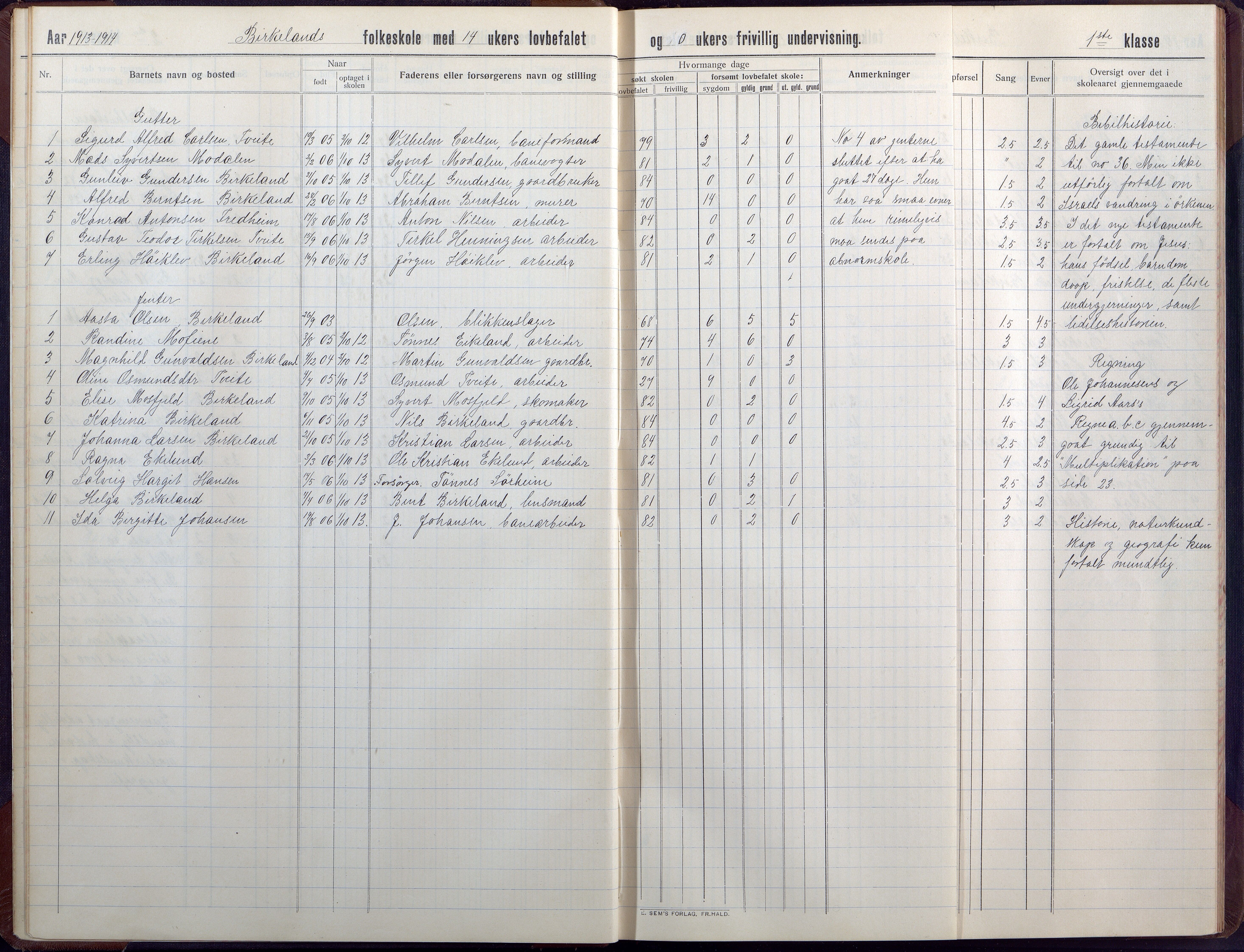 Birkenes kommune, Birkenes krets/Birkeland folkeskole frem til 1991, AAMA/KA0928-550a_91/F02/L0008: Skoleprotokoll, 1911-1930