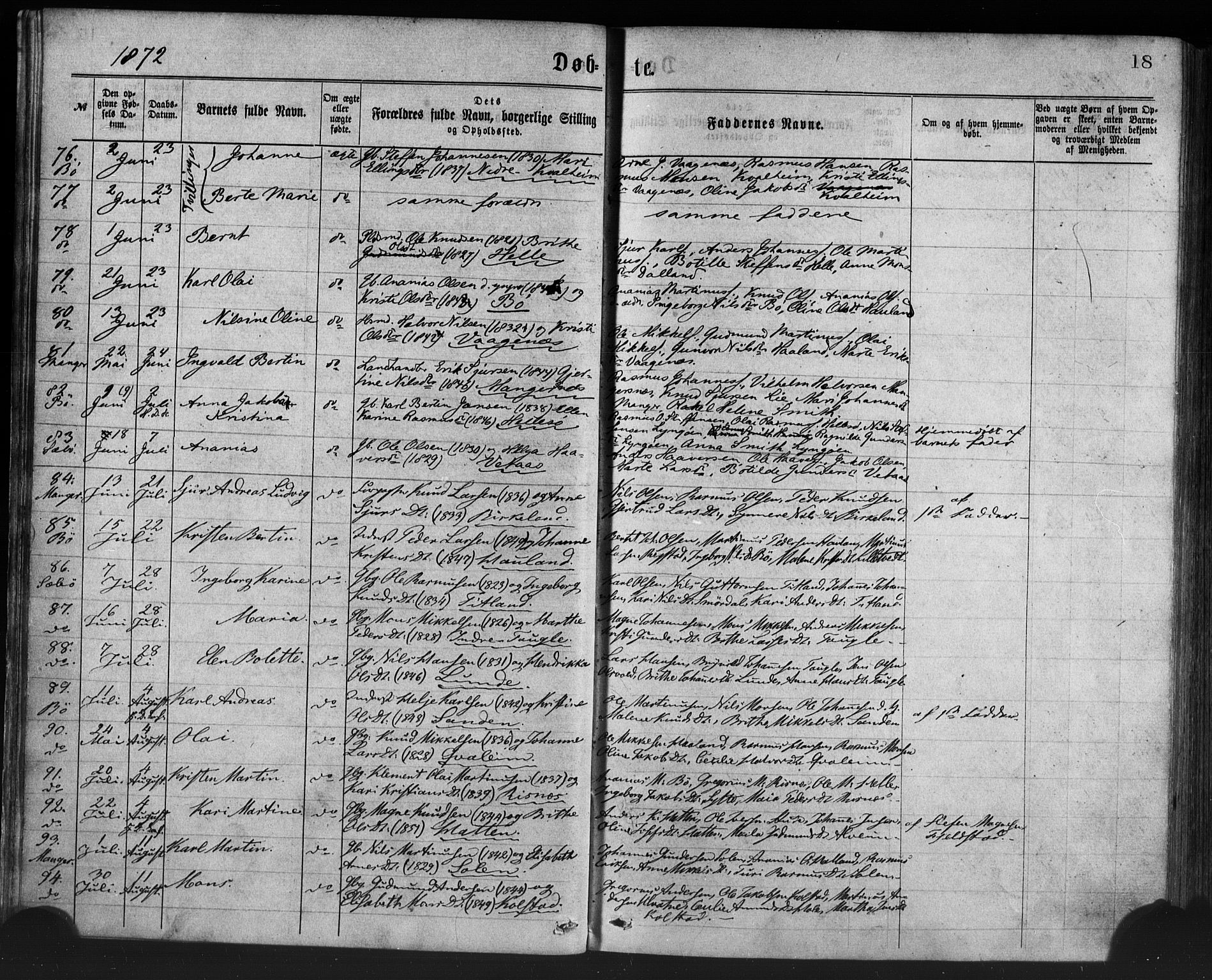 Manger sokneprestembete, SAB/A-76801/H/Haa: Parish register (official) no. A 8, 1871-1880, p. 18