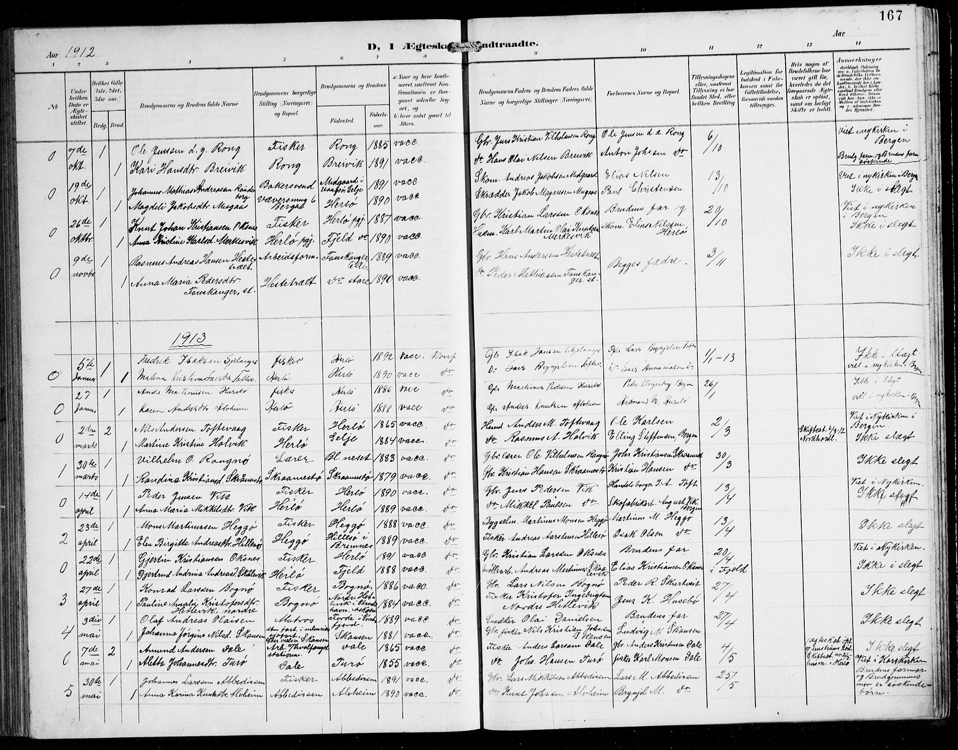 Herdla Sokneprestembete, AV/SAB-A-75701/H/Hab: Parish register (copy) no. C 1, 1900-1913, p. 167