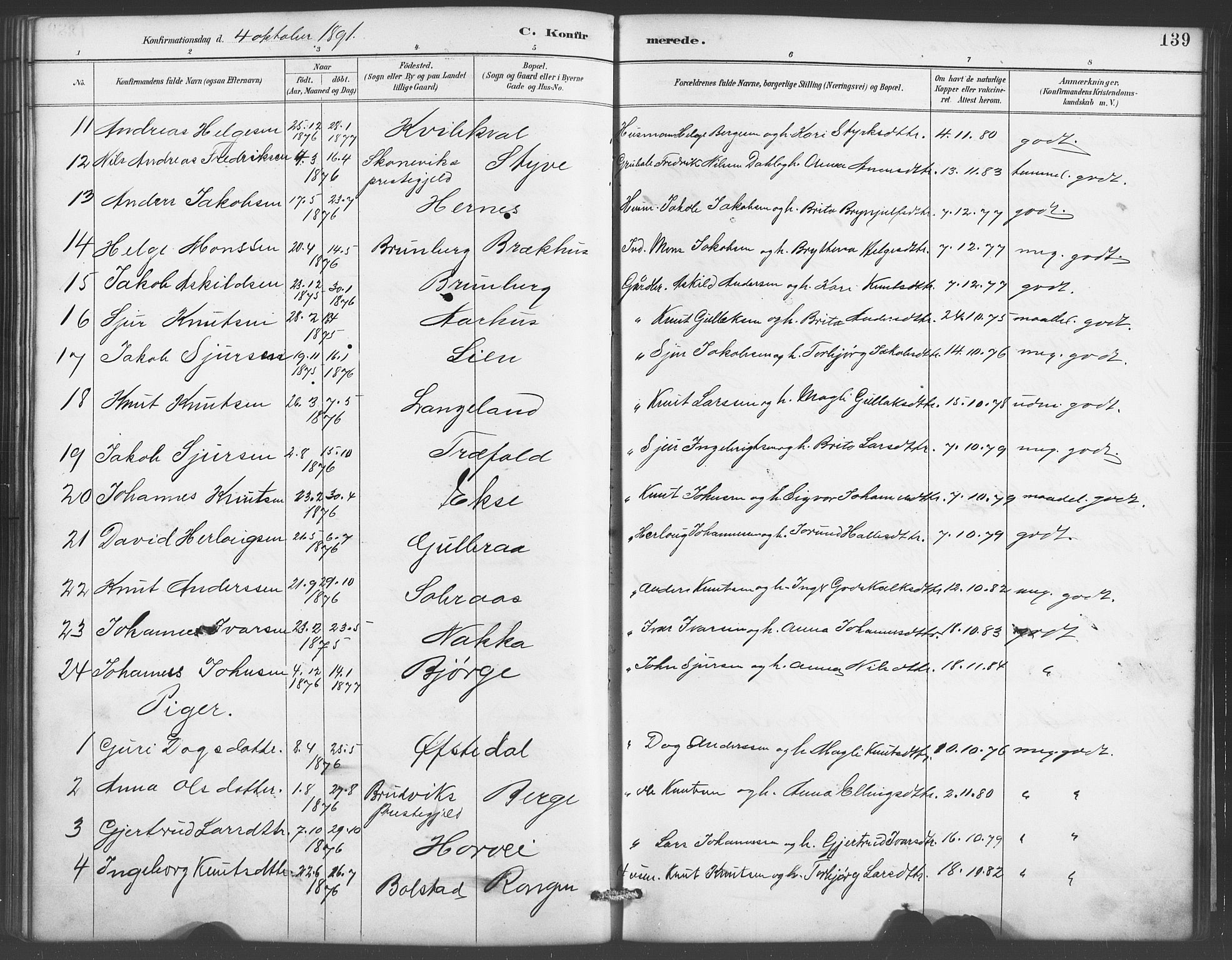 Evanger sokneprestembete, SAB/A-99924: Parish register (copy) no. A 4, 1887-1897, p. 139