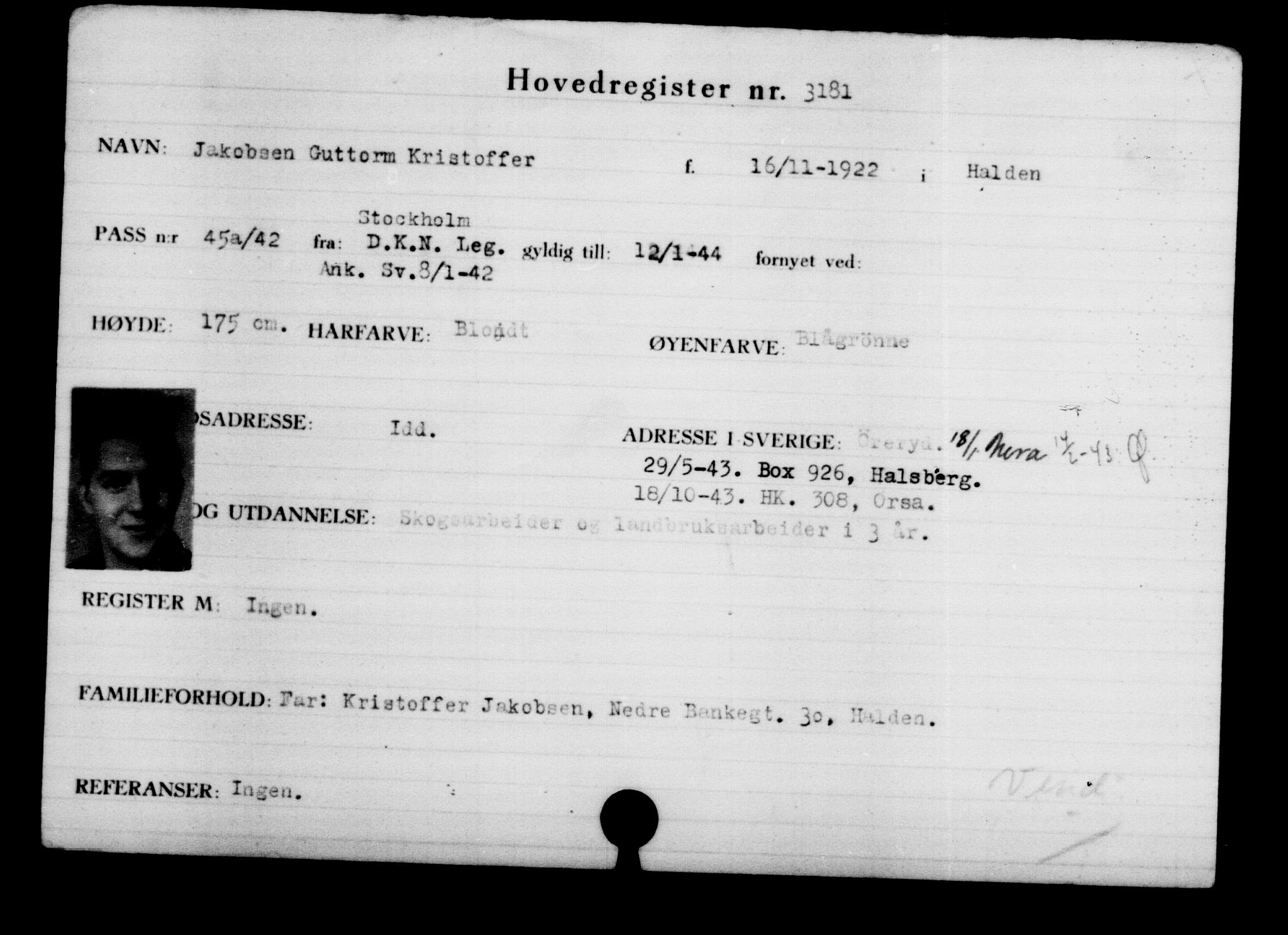 Utenriksstasjonene, Legasjonen i Stockholm, Flyktningkontoret, AV/RA-S-6753/V/Va/L0003: Kjesäterkartoteket, flyktninger med registreringsnr. 2001-3495, 1940-1945, p. 1631