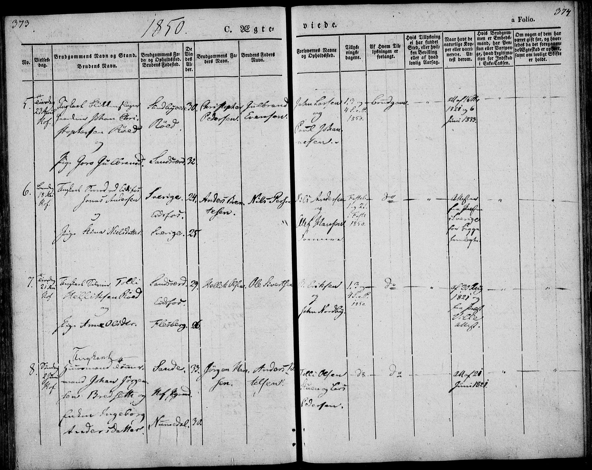 Hof kirkebøker, SAKO/A-64/F/Fa/L0005: Parish register (official) no. I 5, 1844-1851, p. 373-374