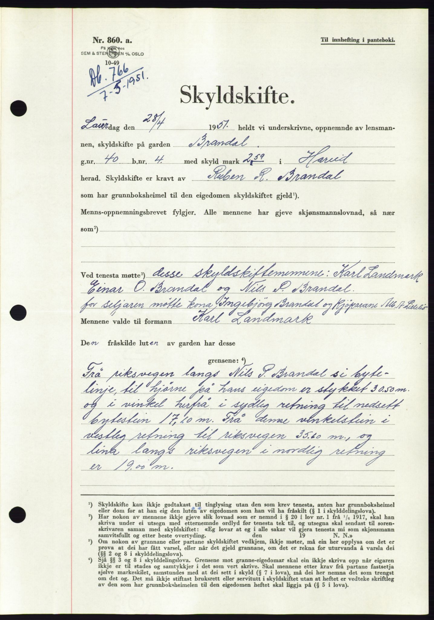 Søre Sunnmøre sorenskriveri, AV/SAT-A-4122/1/2/2C/L0089: Mortgage book no. 15A, 1951-1951, Diary no: : 766/1951