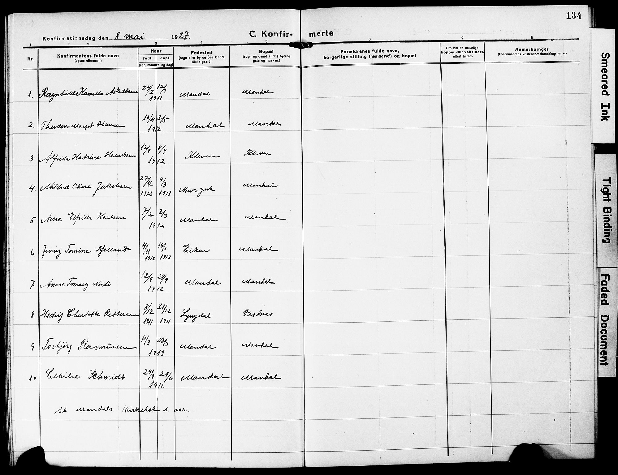 Mandal sokneprestkontor, SAK/1111-0030/F/Fb/Fba/L0013: Parish register (copy) no. B 7, 1918-1931, p. 134