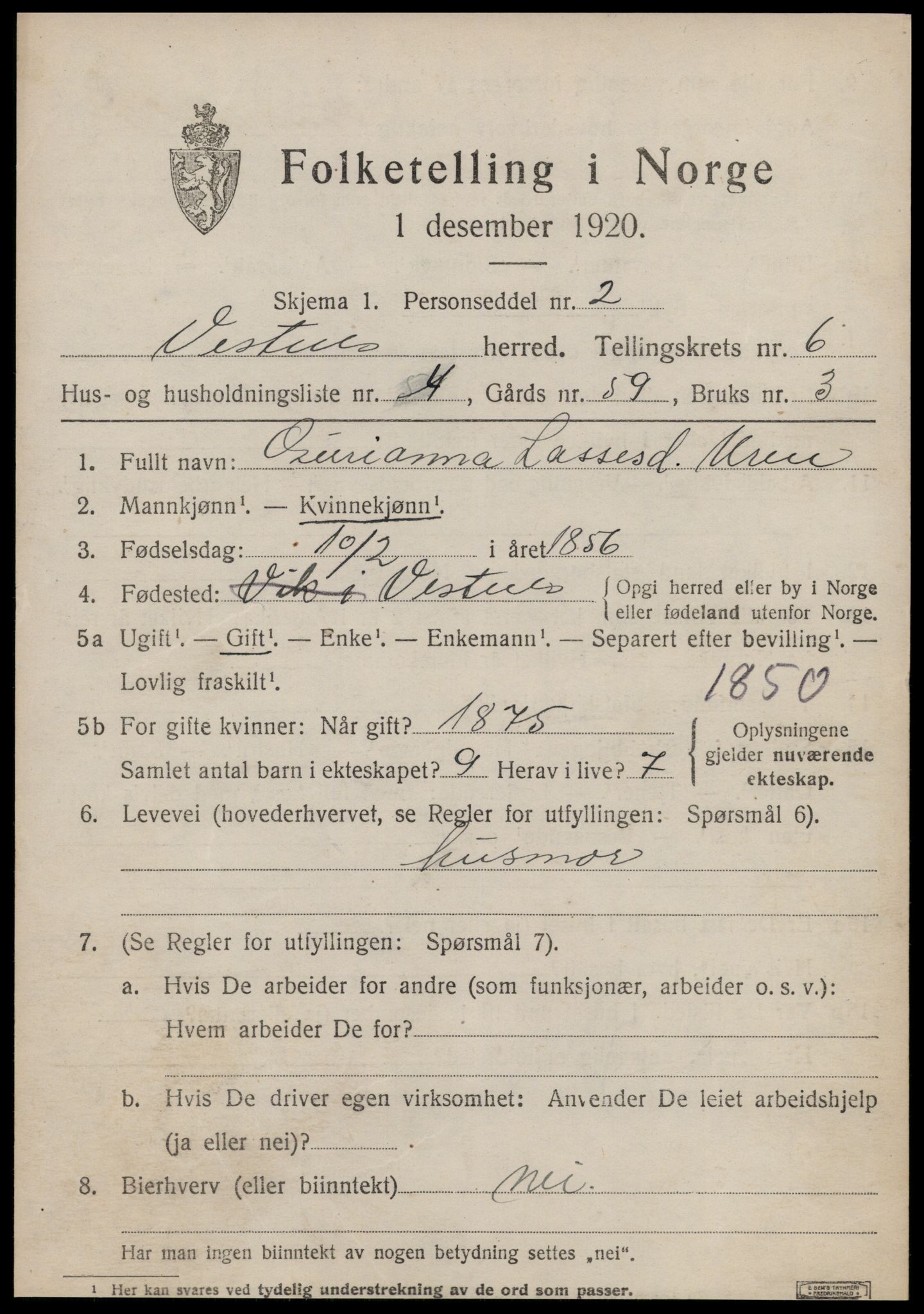 SAT, 1920 census for Vestnes, 1920, p. 4345