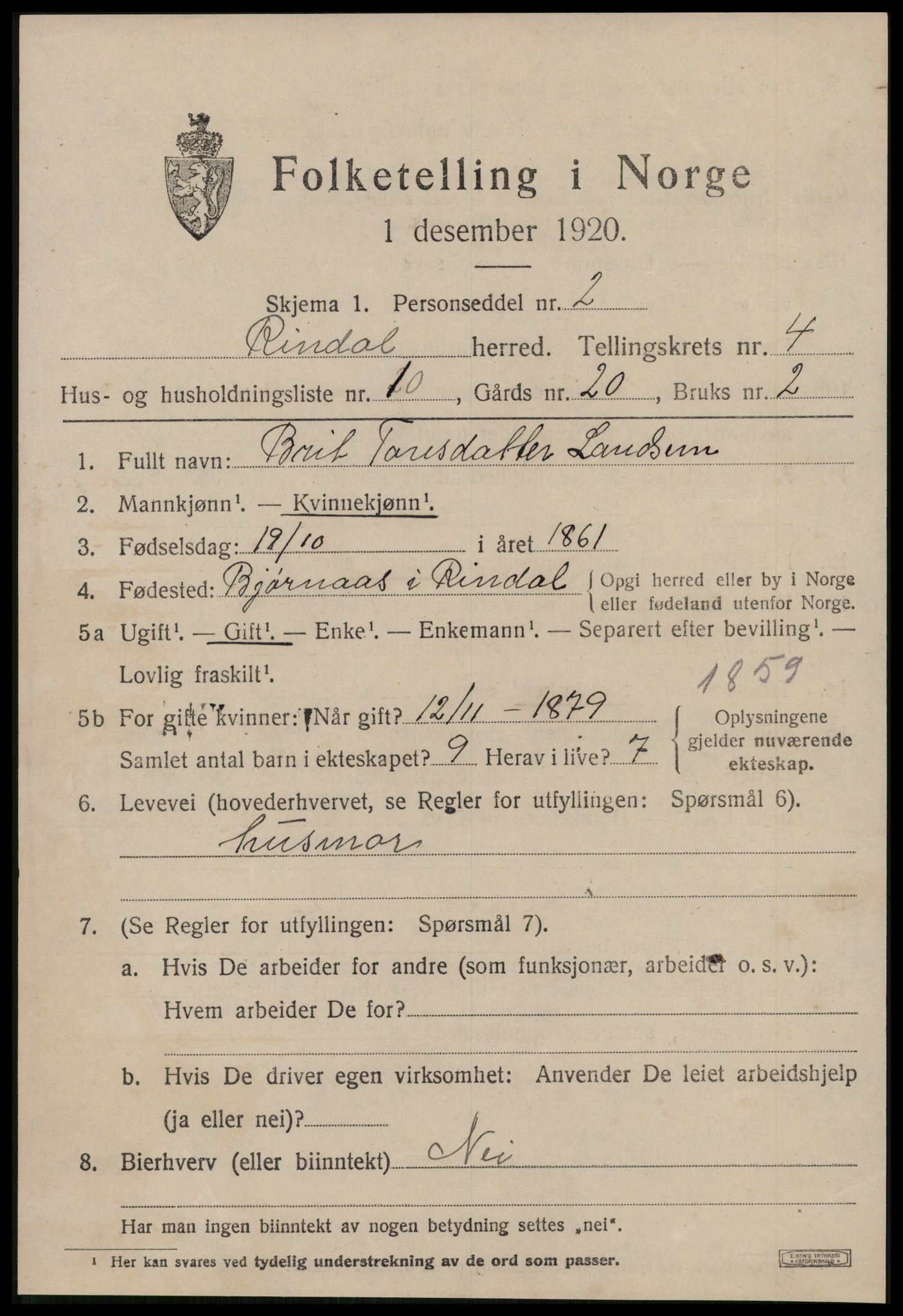 SAT, 1920 census for Rindal, 1920, p. 2312