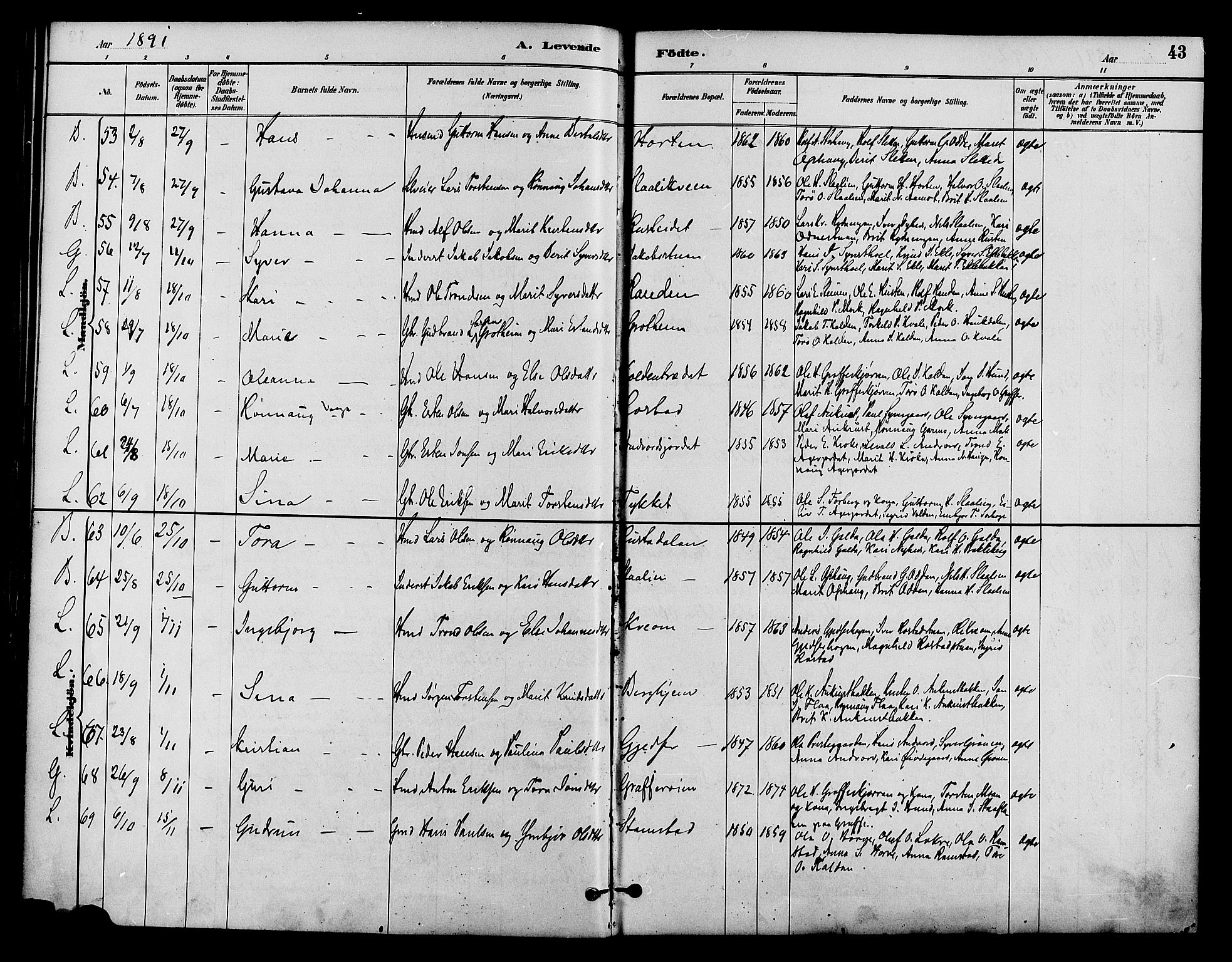 Lom prestekontor, AV/SAH-PREST-070/K/L0008: Parish register (official) no. 8, 1885-1898, p. 43