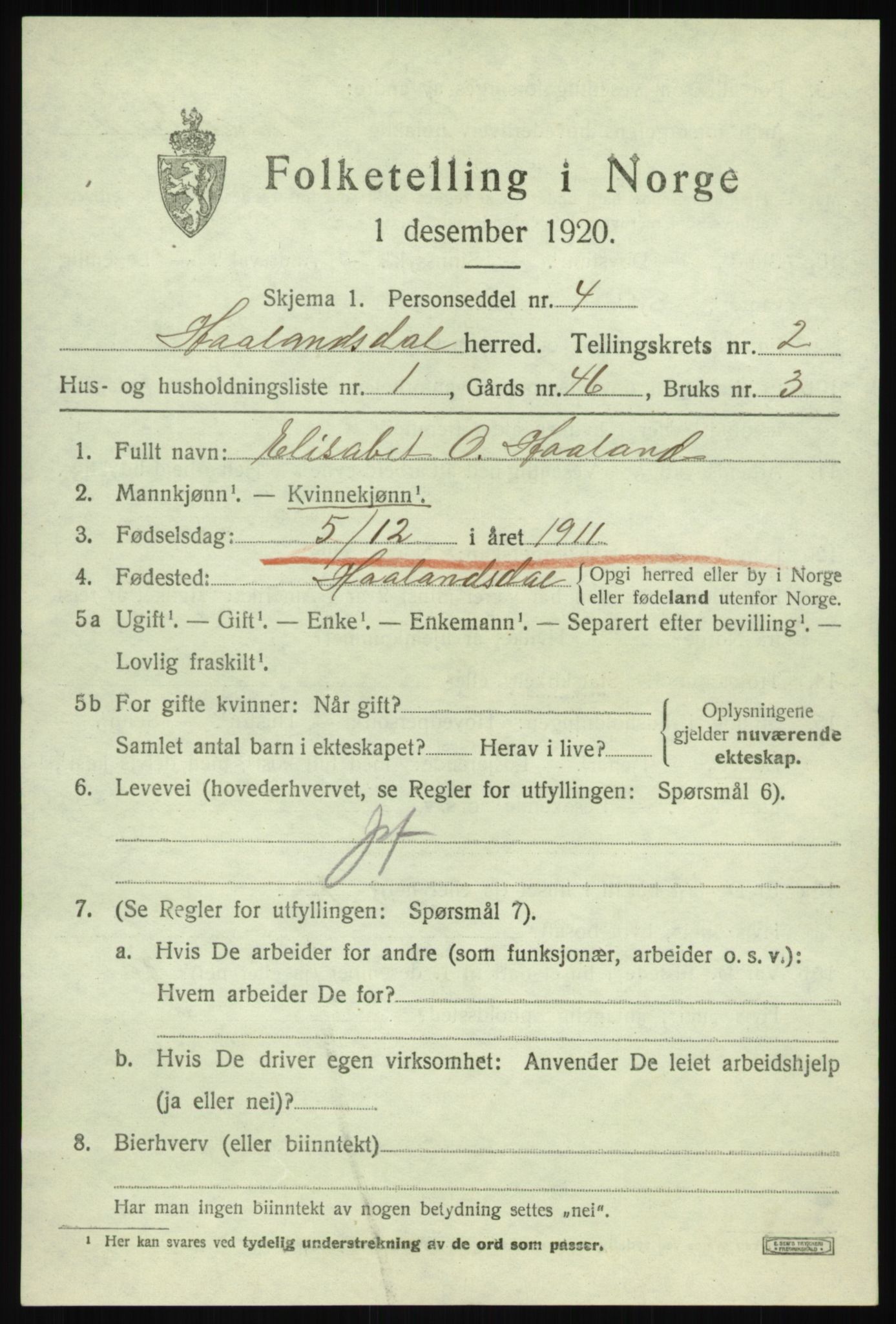 SAB, 1920 census for Hålandsdal, 1920, p. 478