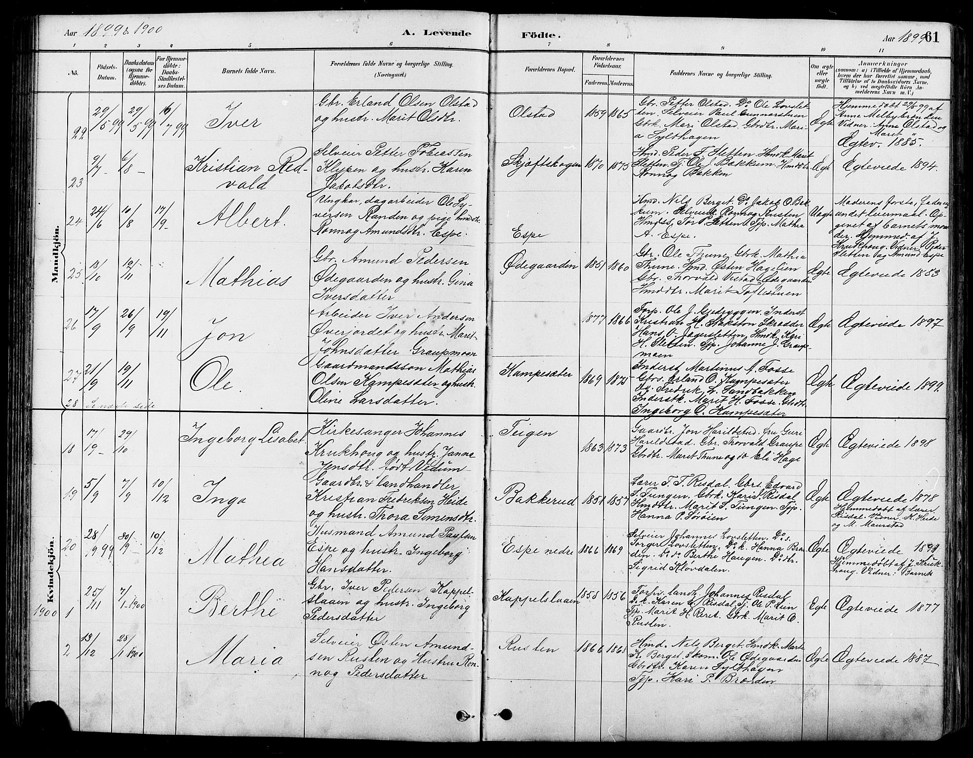Nord-Fron prestekontor, SAH/PREST-080/H/Ha/Hab/L0005: Parish register (copy) no. 5, 1884-1914, p. 61