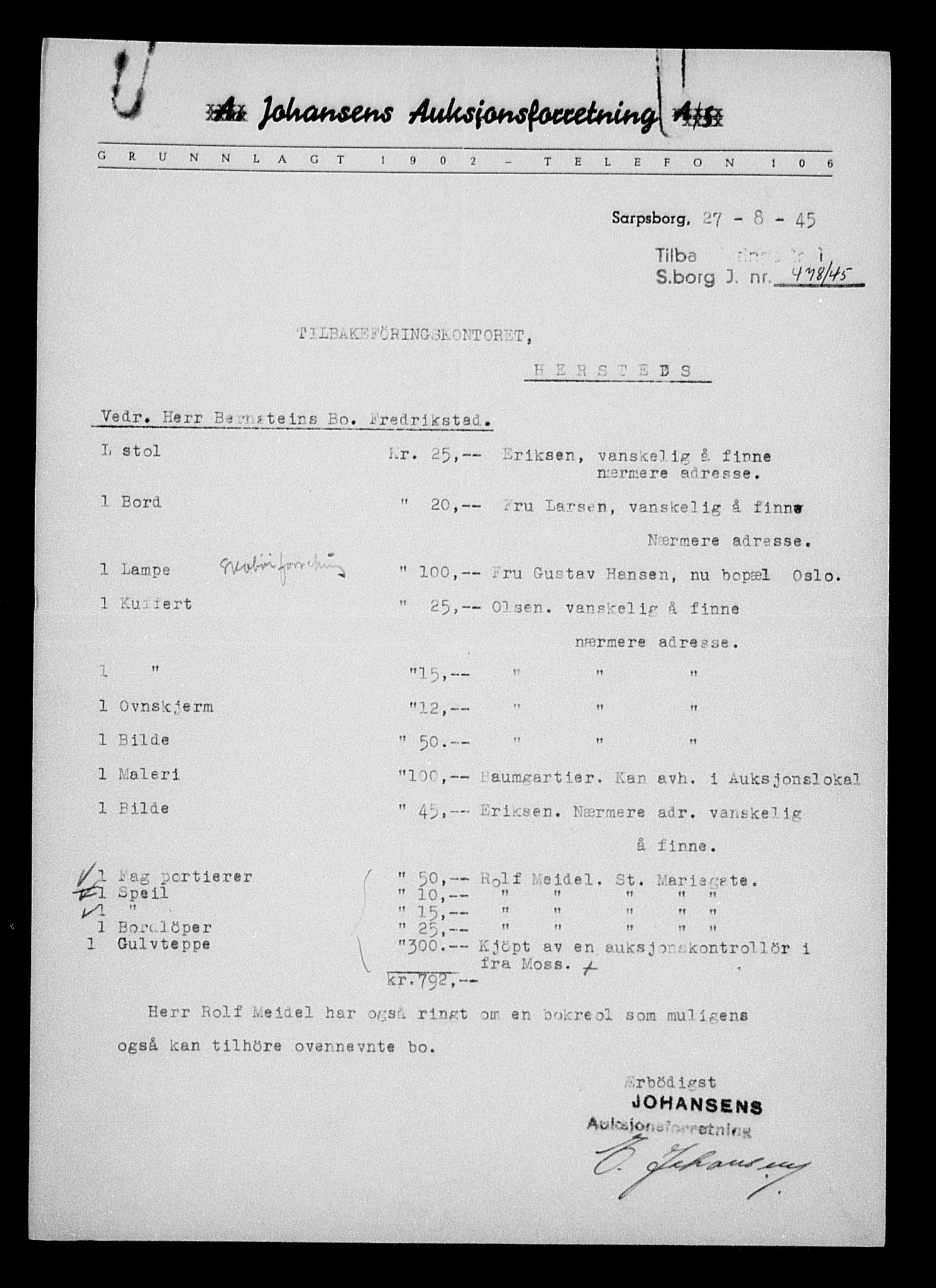 Justisdepartementet, Tilbakeføringskontoret for inndratte formuer, AV/RA-S-1564/H/Hc/Hcd/L0991: --, 1945-1947, p. 205