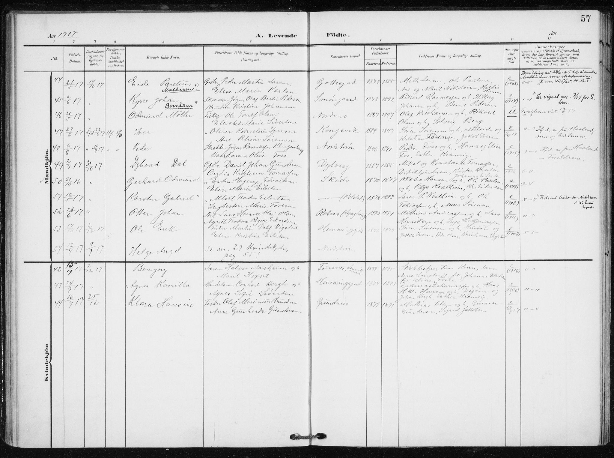 Tranøy sokneprestkontor, SATØ/S-1313/I/Ia/Iaa/L0012kirke: Parish register (official) no. 12, 1905-1918, p. 57