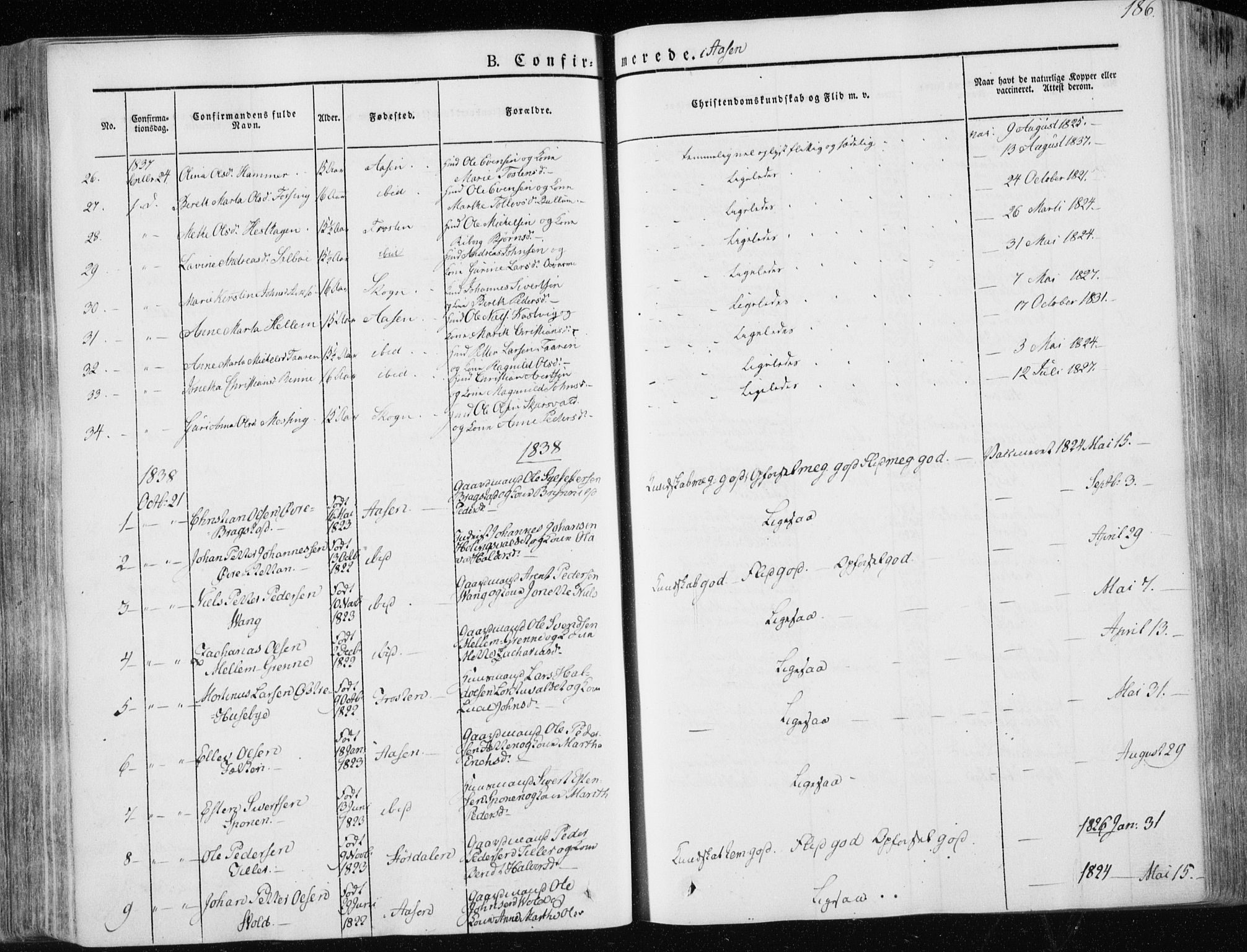 Ministerialprotokoller, klokkerbøker og fødselsregistre - Nord-Trøndelag, SAT/A-1458/713/L0115: Parish register (official) no. 713A06, 1838-1851, p. 186