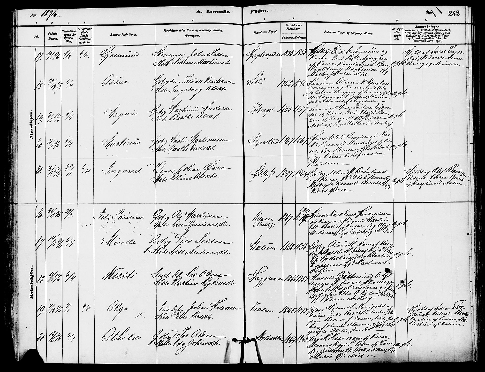 Trysil prestekontor, SAH/PREST-046/H/Ha/Haa/L0008: Parish register (official) no. 8, 1881-1897, p. 242