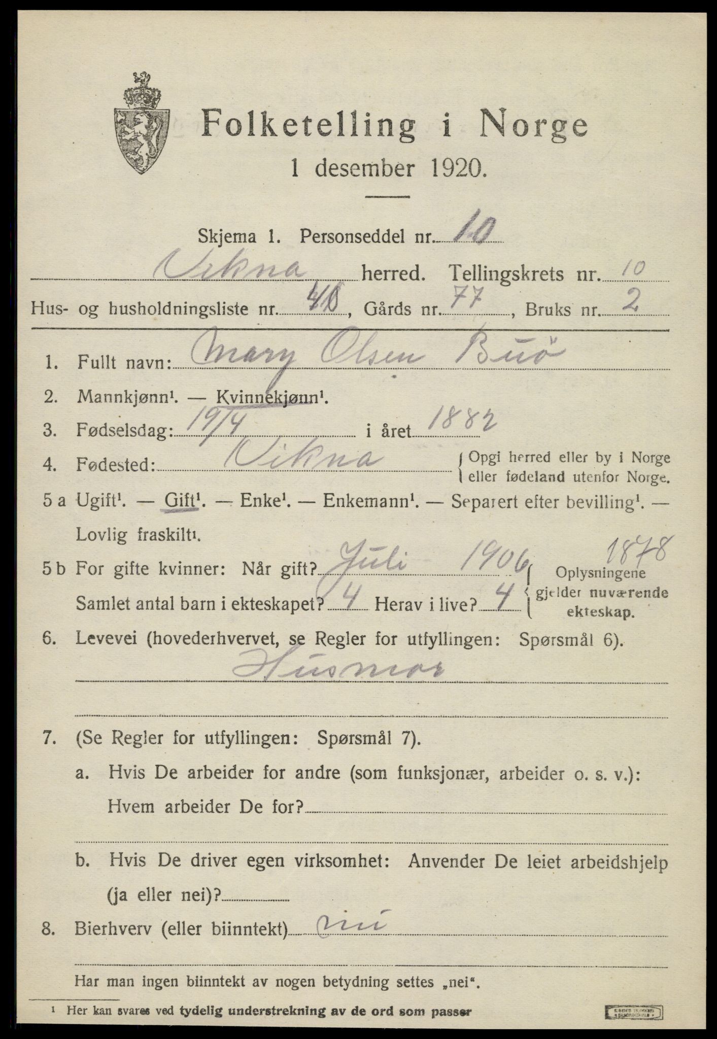 SAT, 1920 census for Vikna, 1920, p. 7305