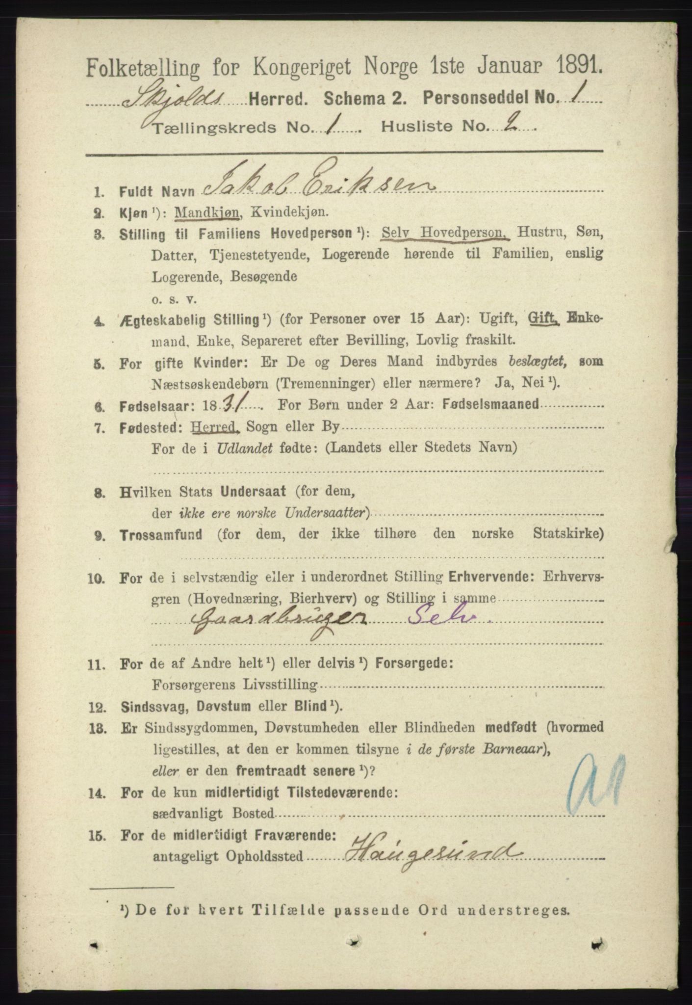 RA, 1891 census for 1154 Skjold, 1891, p. 77