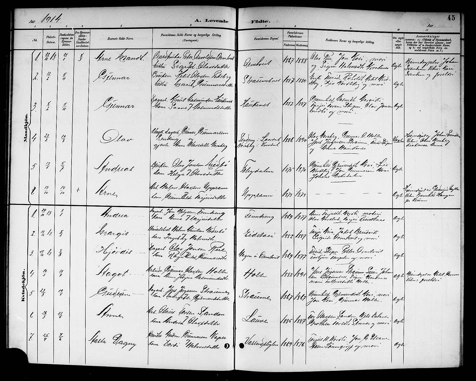 Kviteseid kirkebøker, SAKO/A-276/G/Gc/L0001: Parish register (copy) no. III 1, 1893-1916, p. 45