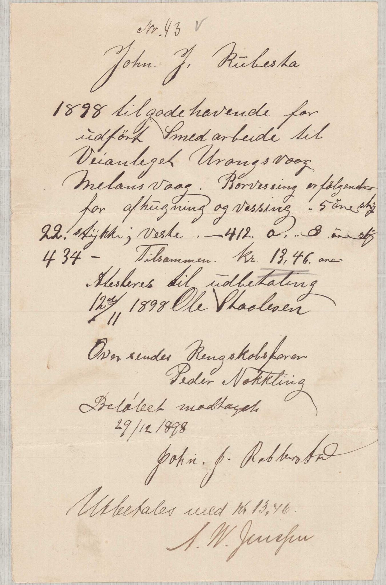 Finnaas kommune. Formannskapet, IKAH/1218a-021/E/Ea/L0002/0001: Rekneskap for veganlegg / Rekneskap for veganlegget Urangsvåg - Mælandsvåg, 1898-1900, p. 57