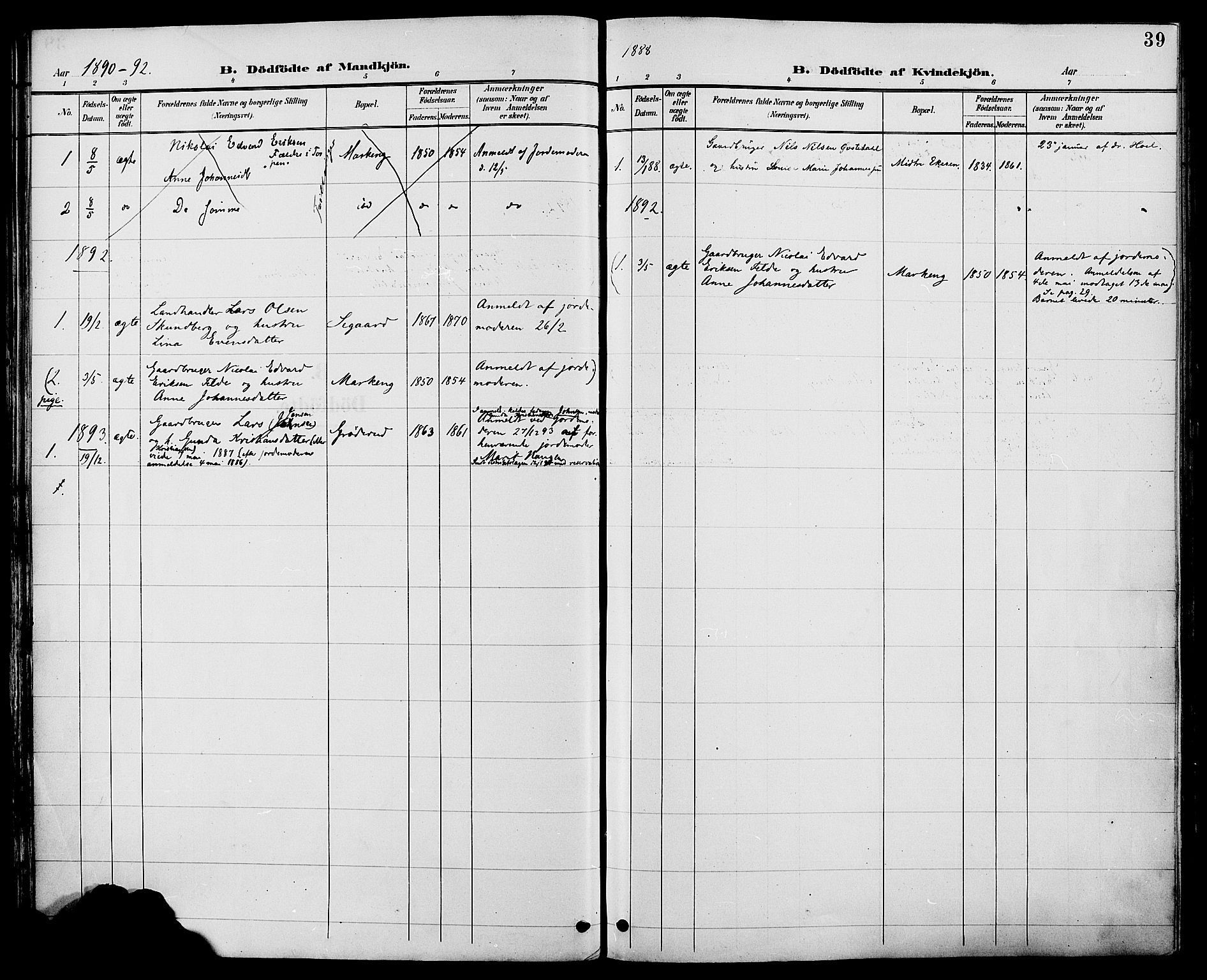 Biri prestekontor, SAH/PREST-096/H/Ha/Haa/L0007: Parish register (official) no. 7, 1887-1893, p. 39