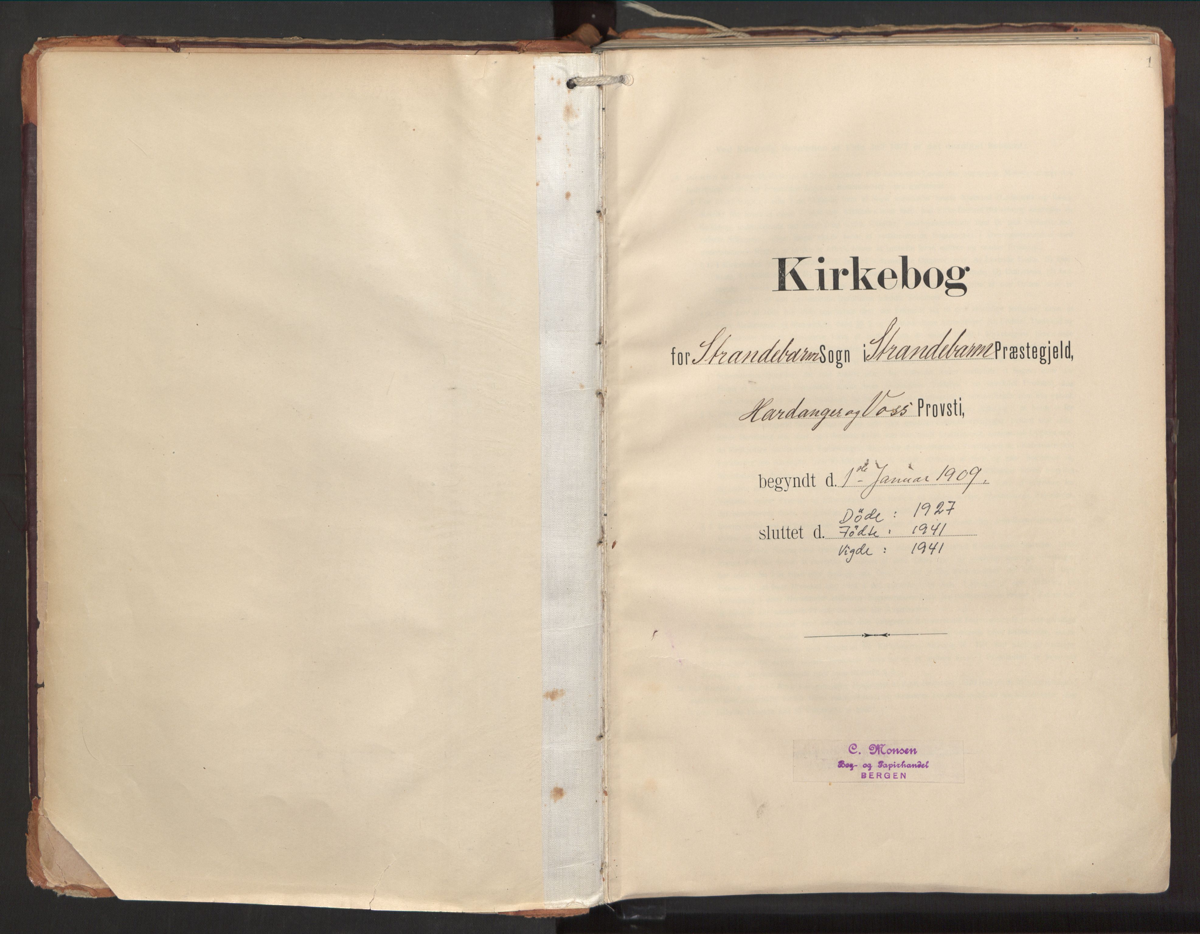 Strandebarm sokneprestembete, AV/SAB-A-78401/H/Haa: Parish register (official) no. B 2, 1909-1941, p. 1