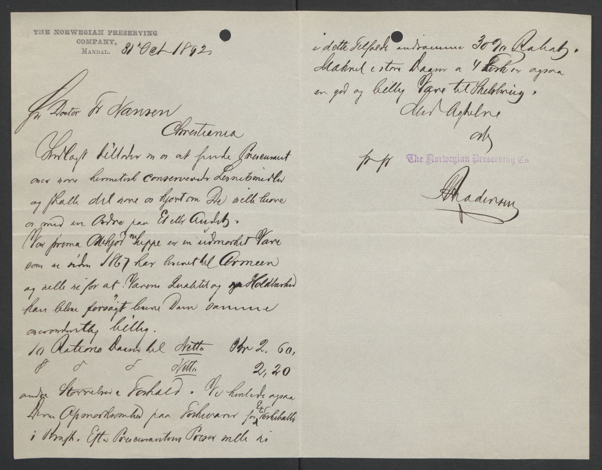 Arbeidskomitéen for Fridtjof Nansens polarekspedisjon, AV/RA-PA-0061/D/L0004: Innk. brev og telegrammer vedr. proviant og utrustning, 1892-1893, p. 402