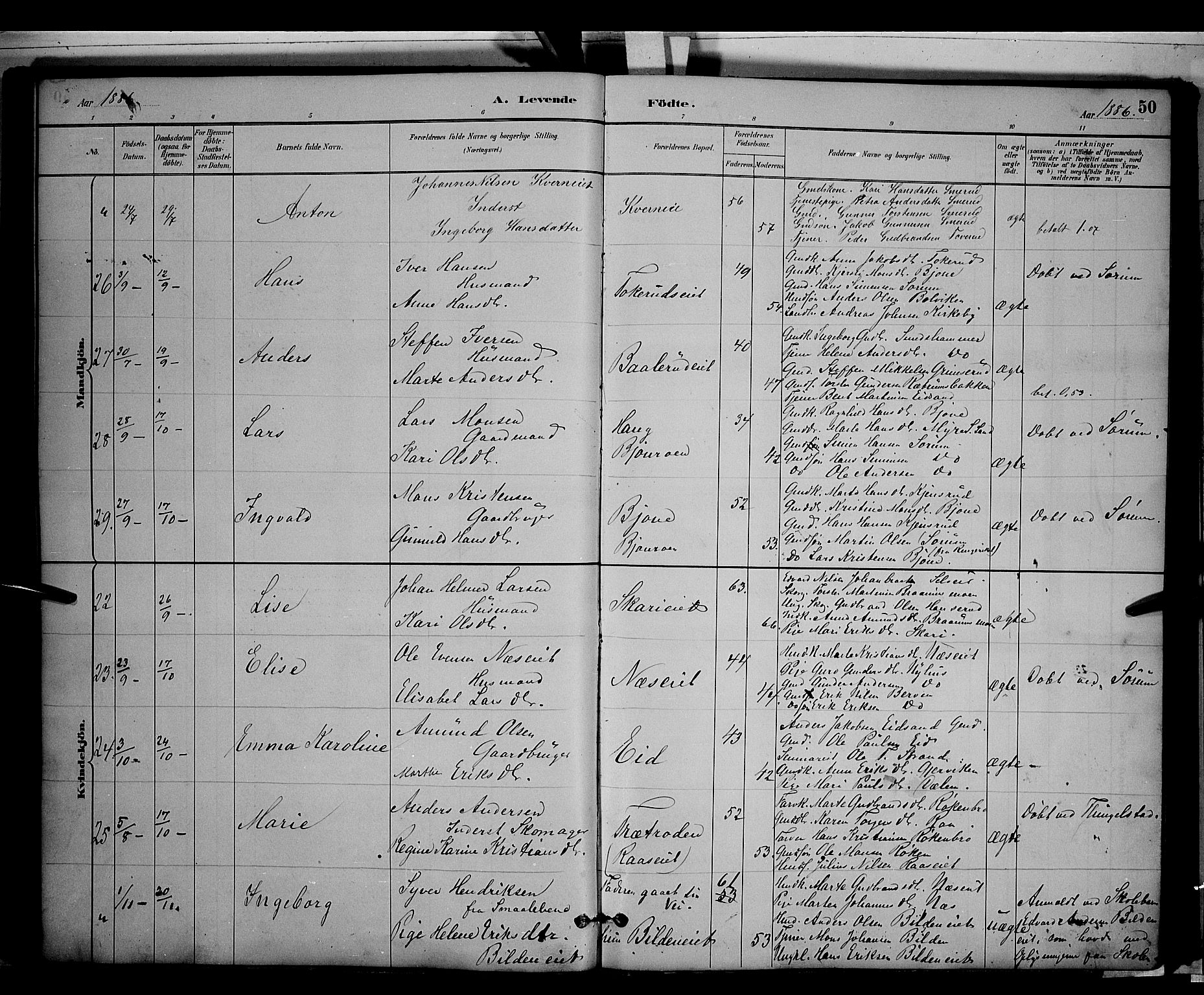 Gran prestekontor, AV/SAH-PREST-112/H/Ha/Hab/L0003: Parish register (copy) no. 3, 1882-1890, p. 50