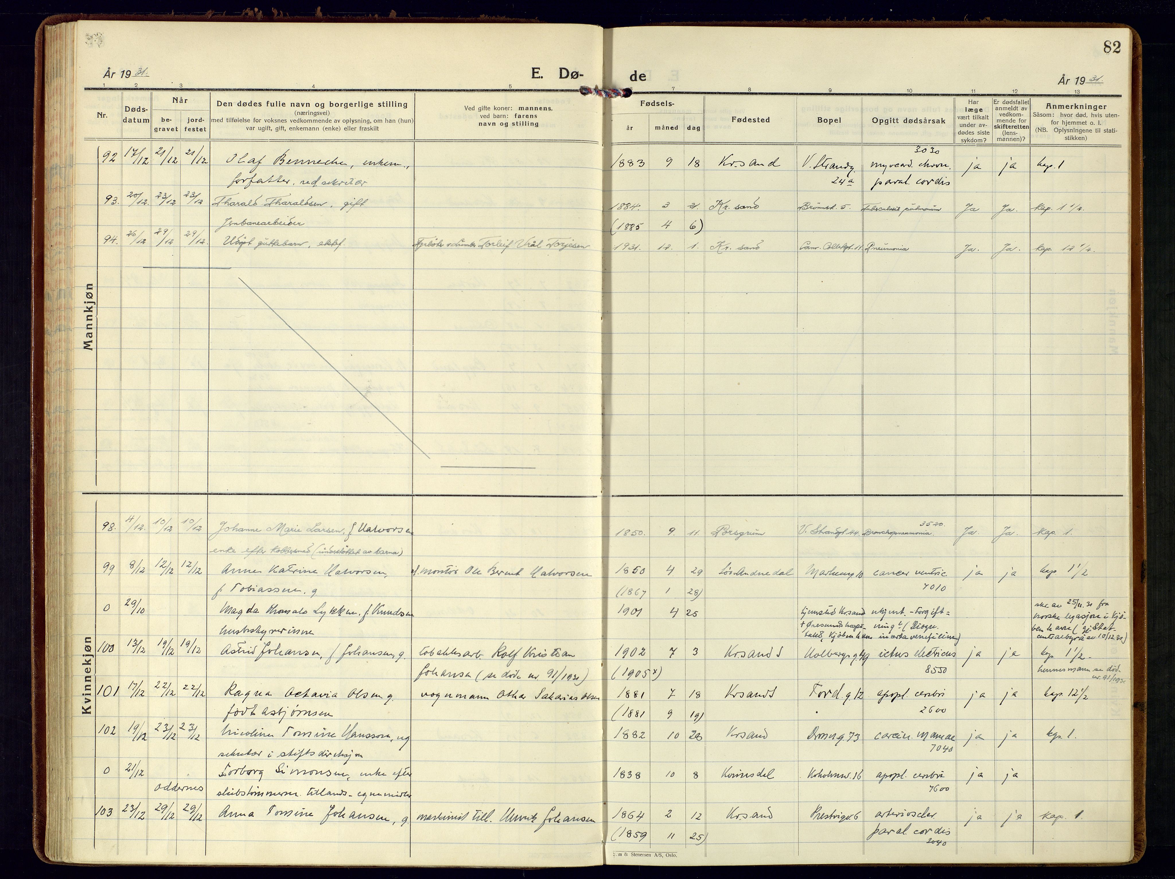 Kristiansand domprosti, AV/SAK-1112-0006/F/Fa/L0030: Parish register (official) no. A 29, 1926-1937, p. 82