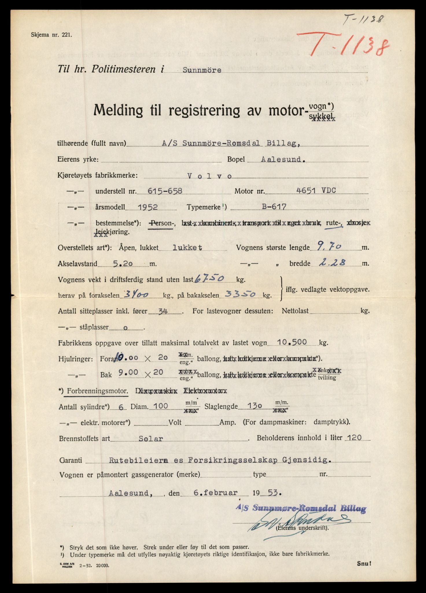 Møre og Romsdal vegkontor - Ålesund trafikkstasjon, AV/SAT-A-4099/F/Fe/L0010: Registreringskort for kjøretøy T 1050 - T 1169, 1927-1998, p. 2453