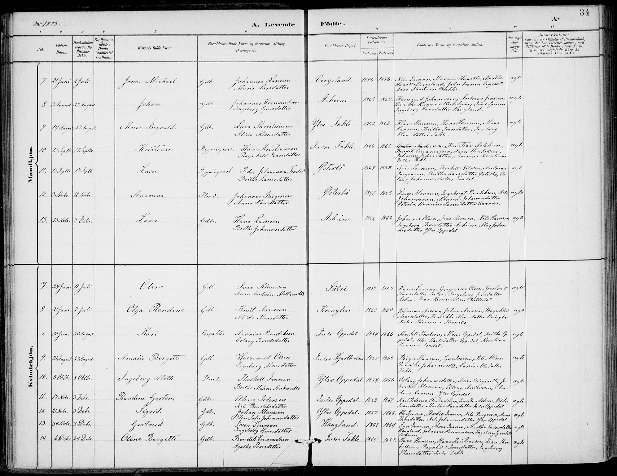 Gulen sokneprestembete, AV/SAB-A-80201/H/Haa/Haac/L0002: Parish register (official) no. C  2, 1882-1914, p. 34