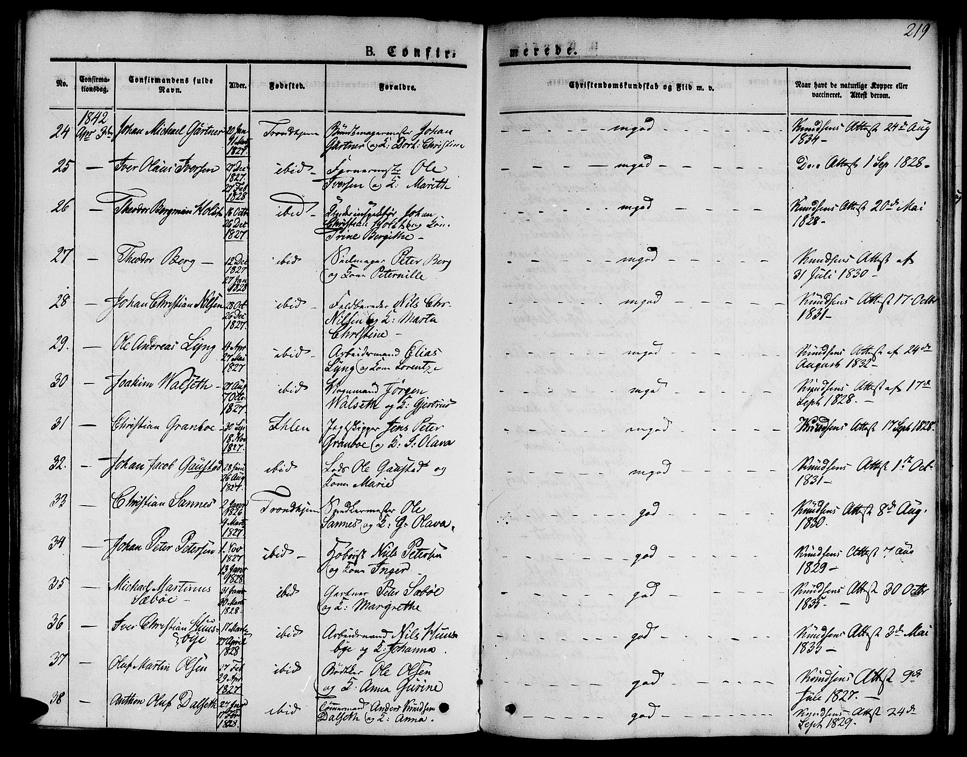 Ministerialprotokoller, klokkerbøker og fødselsregistre - Sør-Trøndelag, SAT/A-1456/601/L0048: Parish register (official) no. 601A16, 1840-1847, p. 219