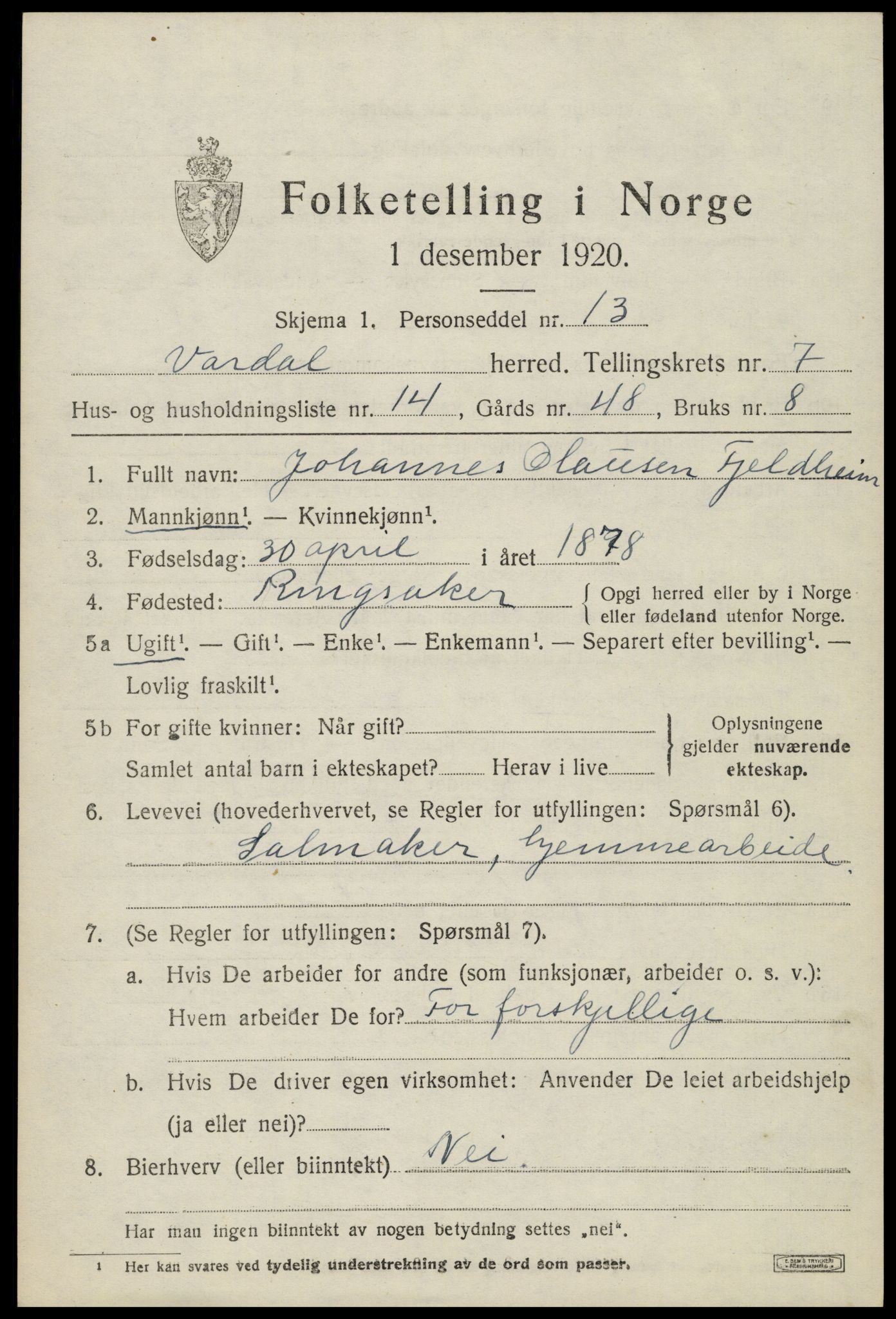 SAH, 1920 census for Vardal, 1920, p. 5063