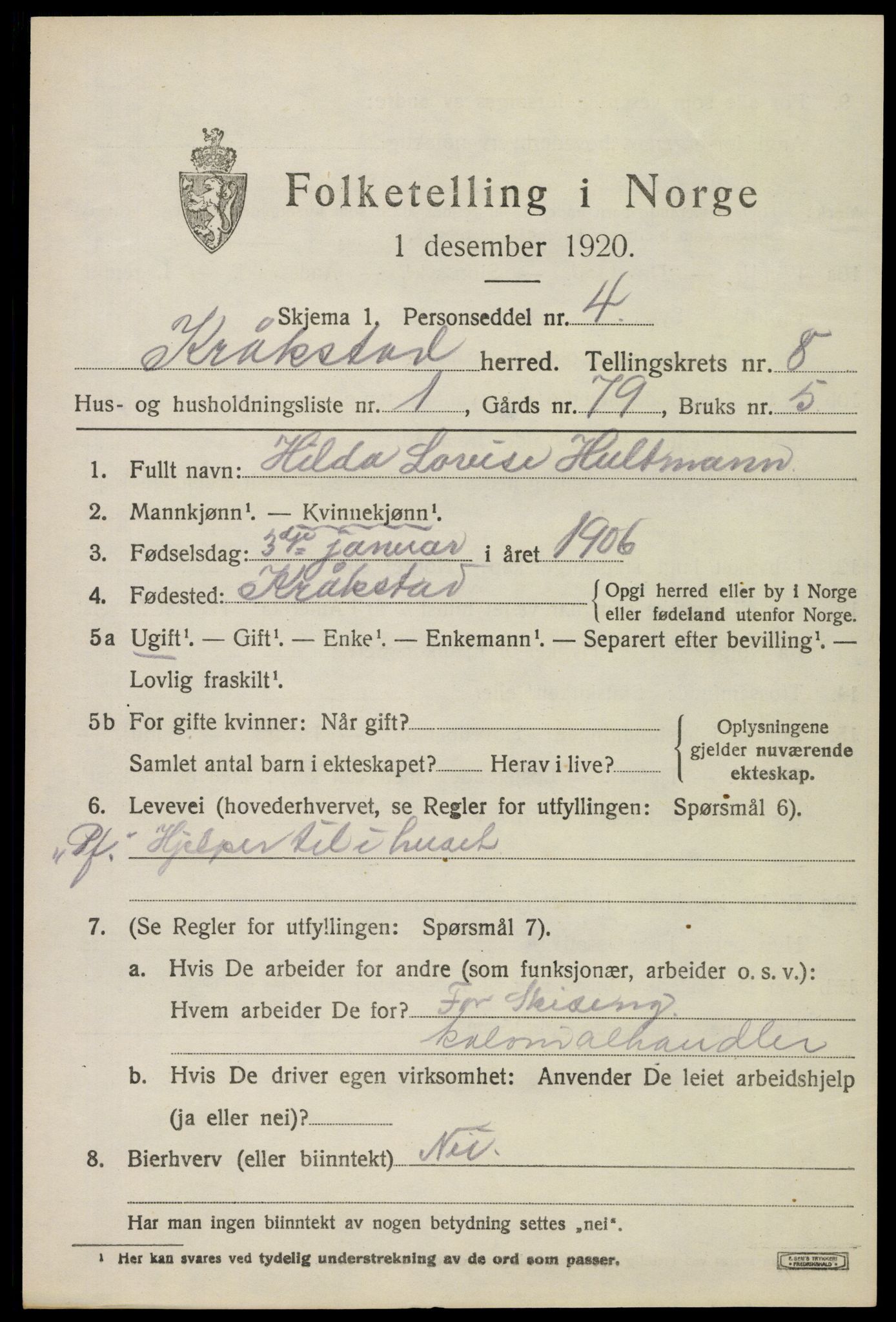 SAO, 1920 census for Kråkstad, 1920, p. 8297