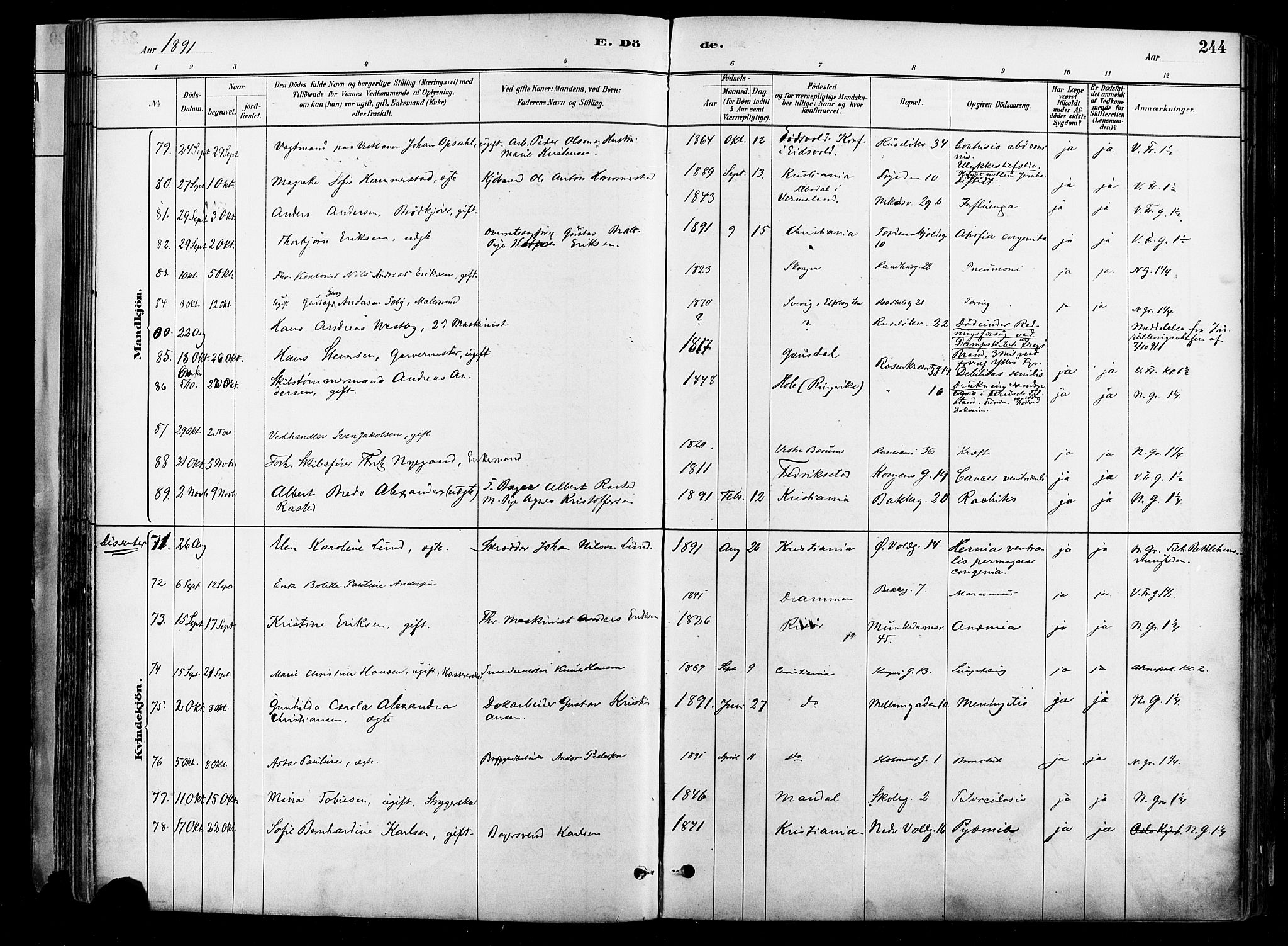 Johannes prestekontor Kirkebøker, AV/SAO-A-10852/F/Fa/L0004: Parish register (official) no. 4, 1883-1907, p. 244