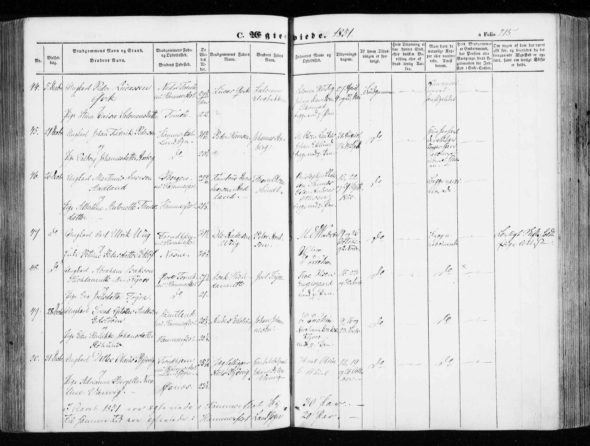 Hammerfest sokneprestkontor, SATØ/S-1347/H/Ha/L0004.kirke: Parish register (official) no. 4, 1843-1856, p. 215