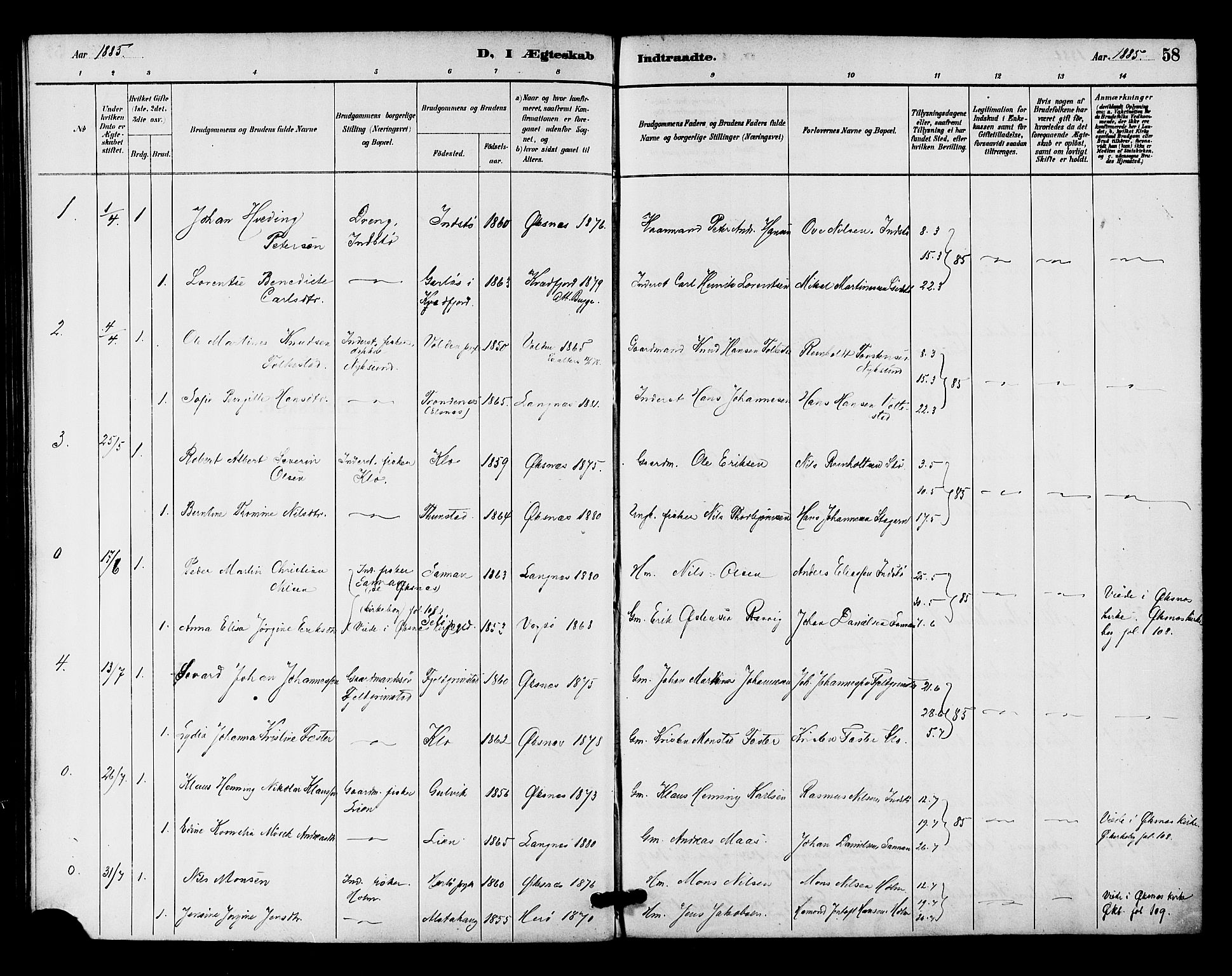 Ministerialprotokoller, klokkerbøker og fødselsregistre - Nordland, AV/SAT-A-1459/894/L1355: Parish register (official) no. 894A01, 1885-1896, p. 58