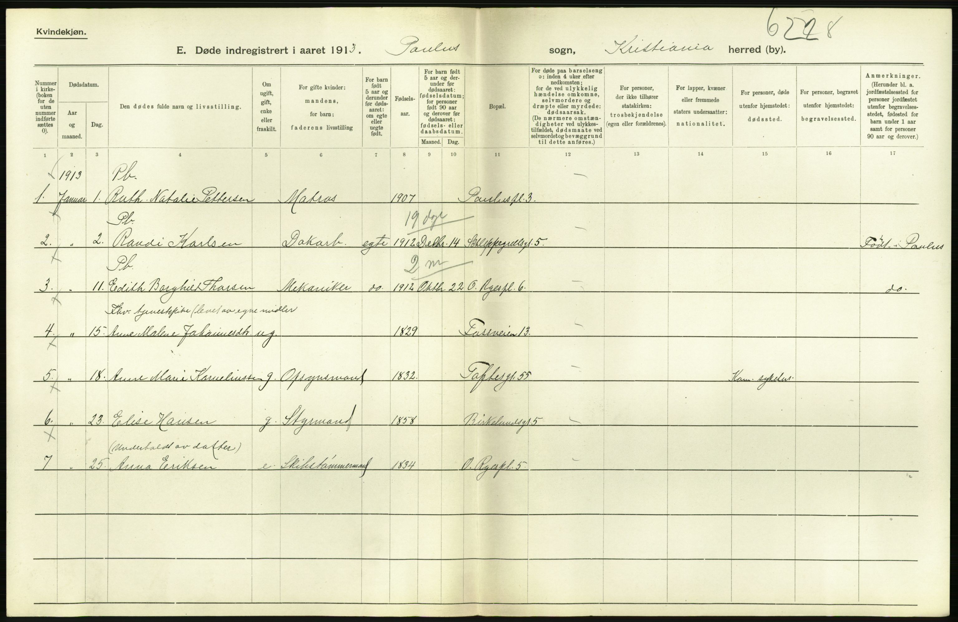 Statistisk sentralbyrå, Sosiodemografiske emner, Befolkning, RA/S-2228/D/Df/Dfb/Dfbc/L0009: Kristiania: Døde., 1913, p. 634