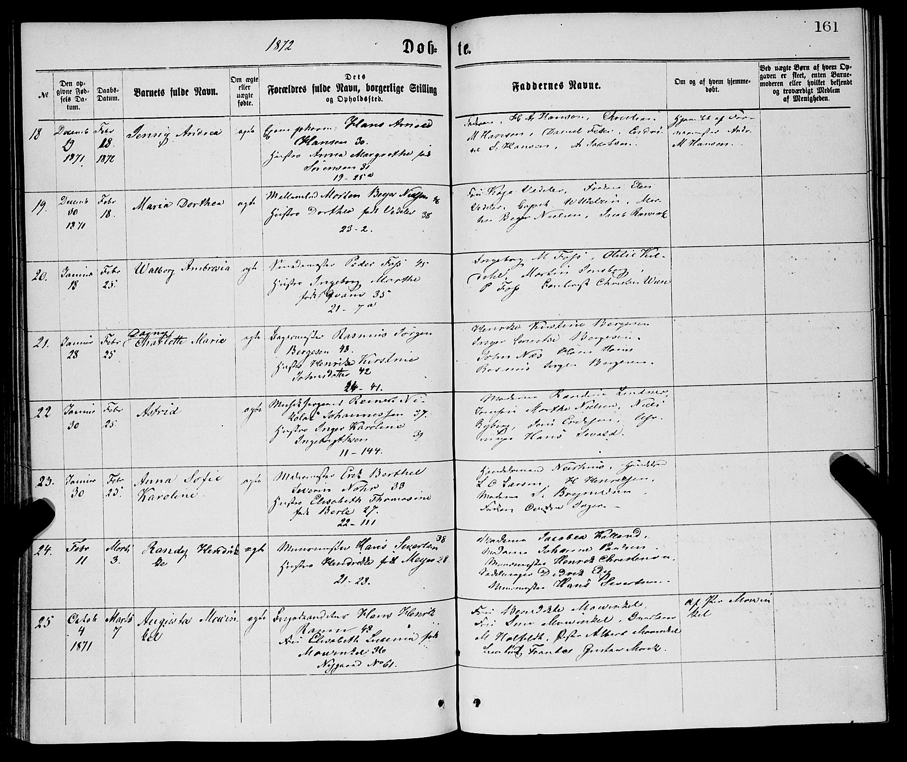Korskirken sokneprestembete, AV/SAB-A-76101/H/Haa/L0020: Parish register (official) no. B 6, 1871-1878, p. 161