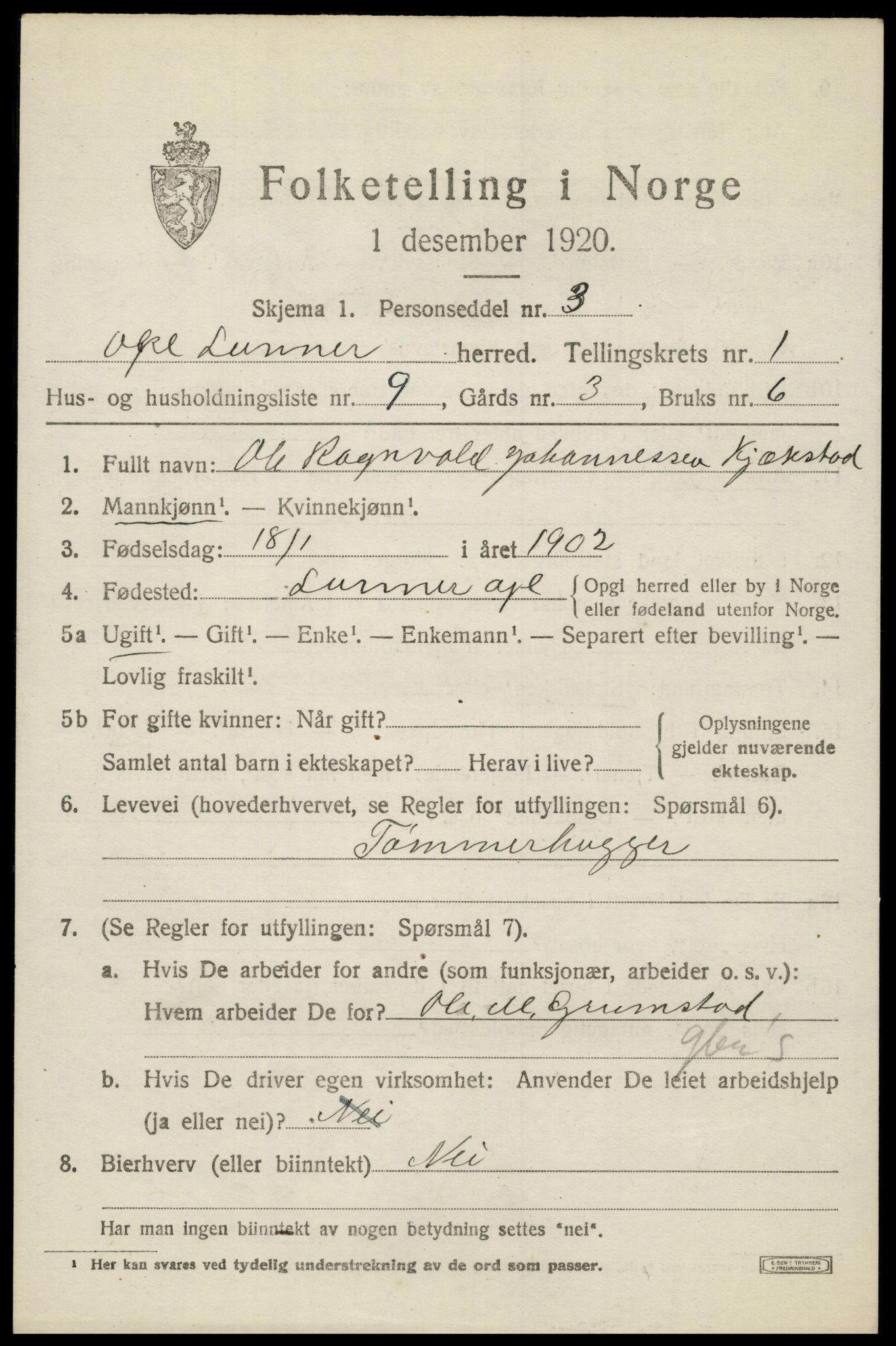 SAH, 1920 census for Lunner, 1920, p. 1743